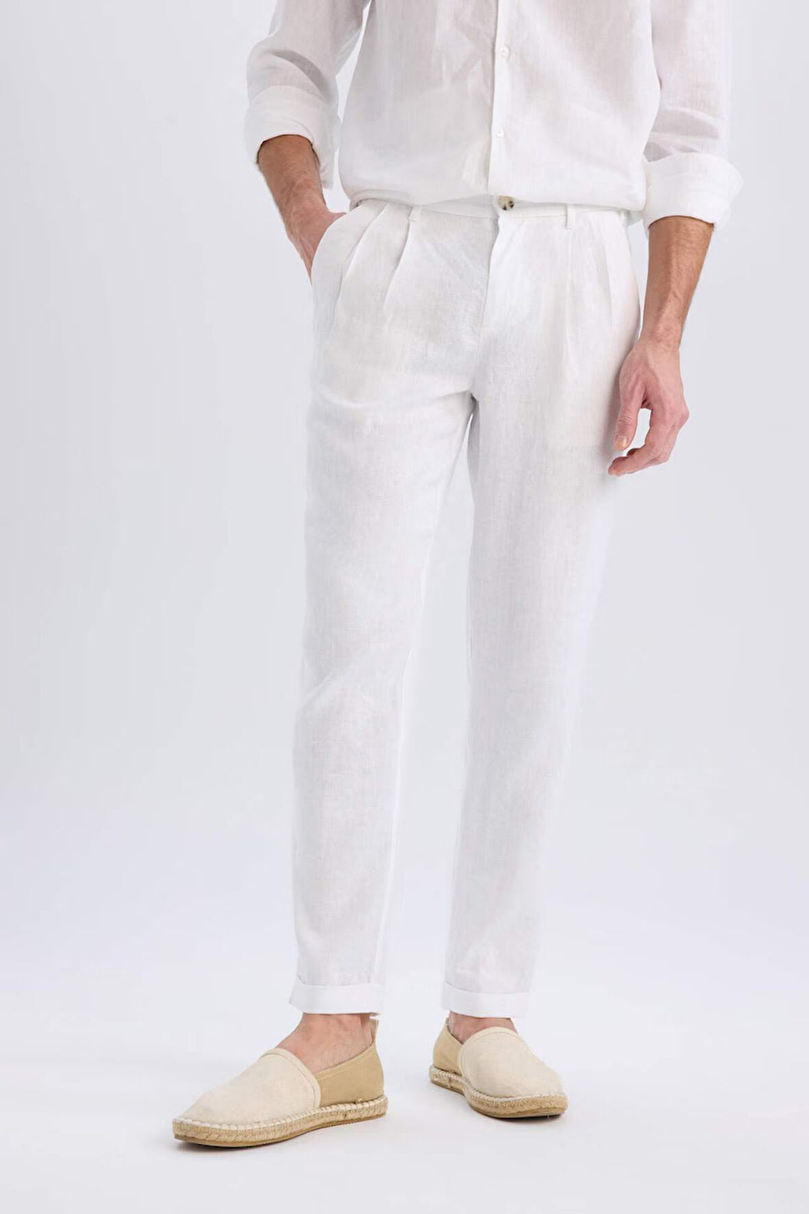 %100 Keten Normal Kesim Crop Duble Paça Yazlık Kumaş Pantolon