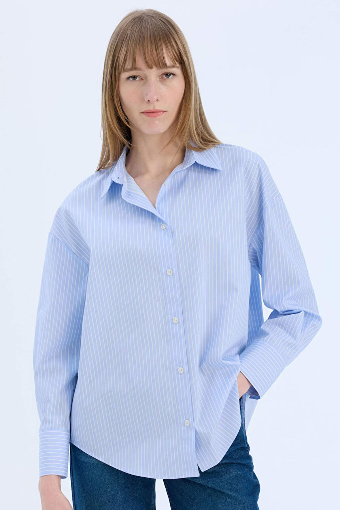 Oversize Geniş Kalıp Gömlek Yaka Çizgili Poplin Uzun Kollu Gömlek