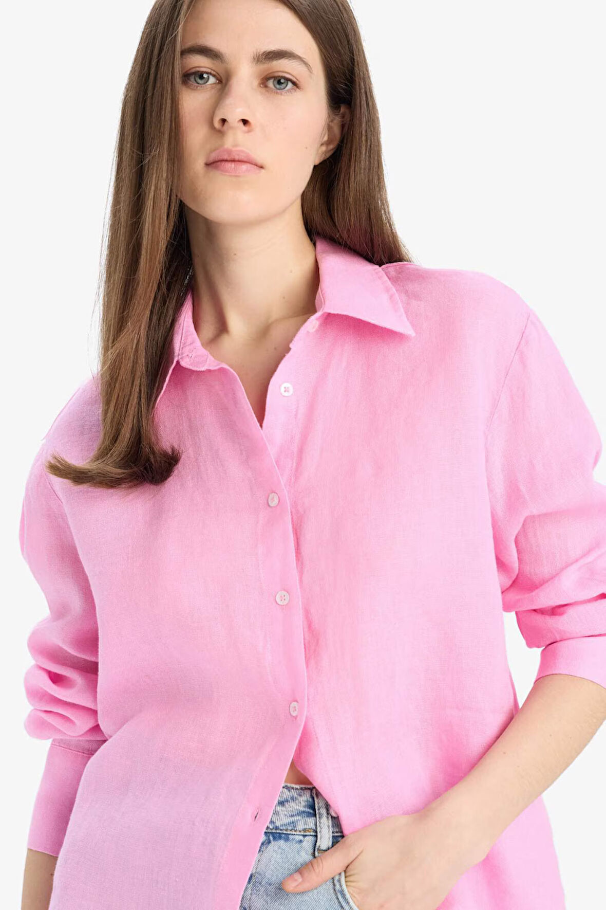 Oversize Geniş Kalıp Basic Düz Pembe Keten Uzun Kollu Gömlek