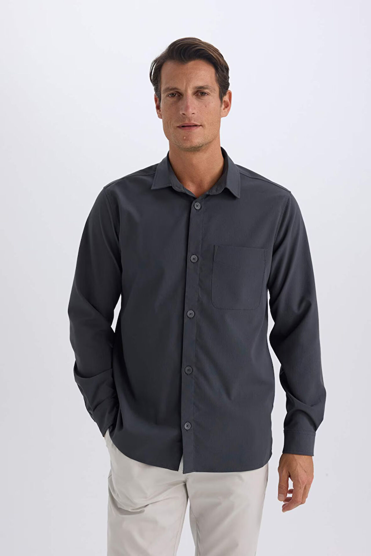 DeFacto Regular Fit Polo Yaka Basic Düz Gofre Uzun Kollu Gömlek D8713AX25SPAR15