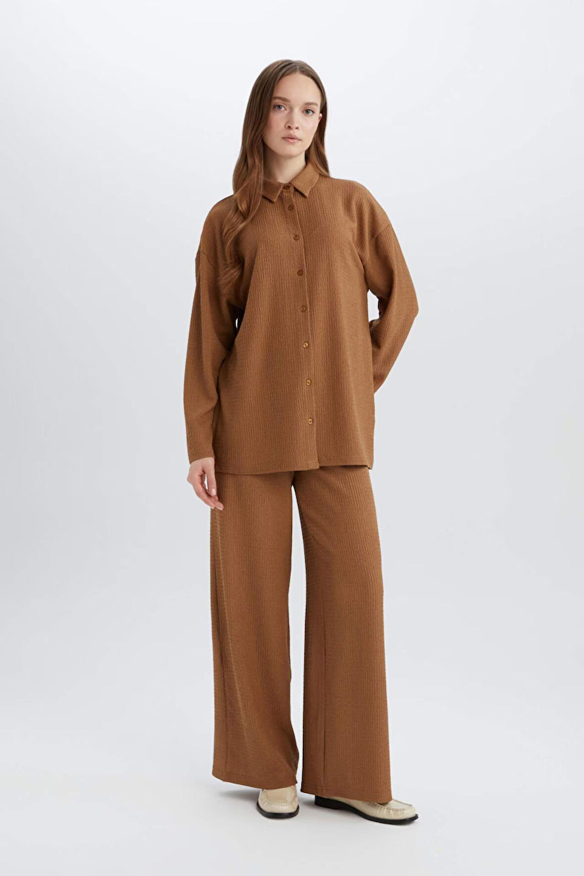 Straight Fit Beli Lastikli Basic Düz Bürümcük Geniş Paça Pantolon