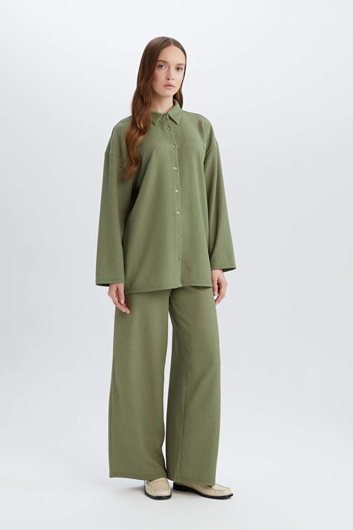 Straight Fit Beli Lastikli Basic Düz Bürümcük Geniş Paça Pantolon