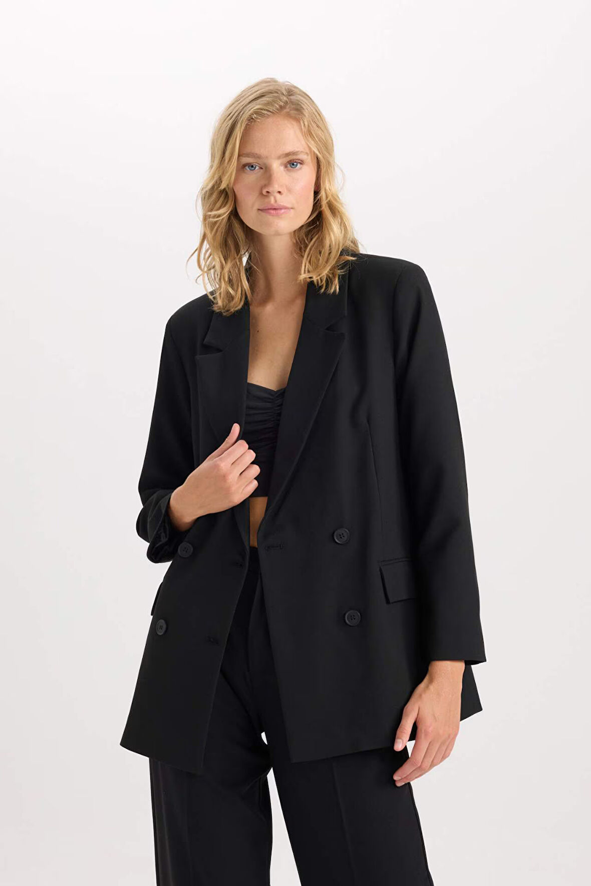 Oversize Fit Geniş Kalıp Ceket Yaka Düğme Kapamalı Tafta Basic Düz Blazer Ceket