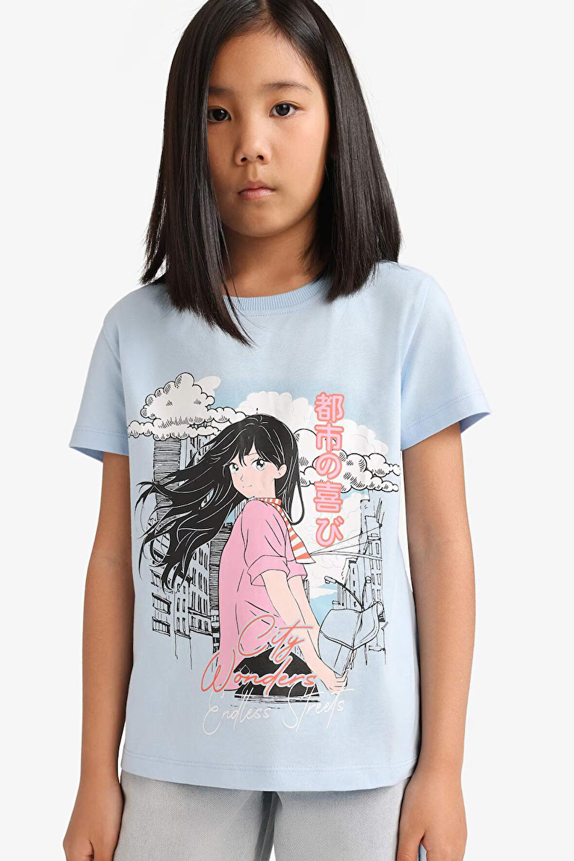 DeFacto Kız Çocuk Bisiklet Yaka Anime Baskılı Kısa Kollu Tişört E0351A825SMBE745