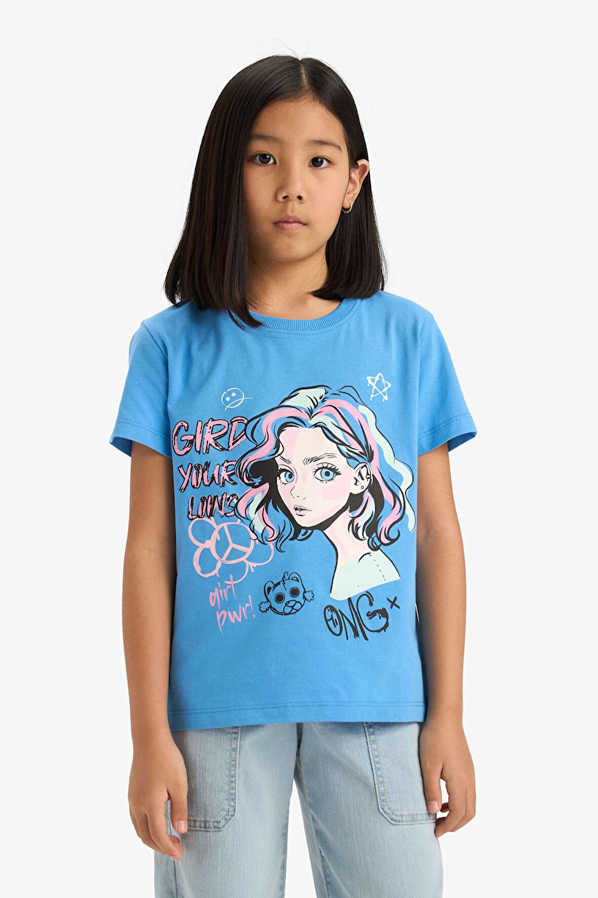 DeFacto Kız Çocuk Bisiklet Yaka Baskılı Kısa Kollu Tişört E0350A825SMBE339