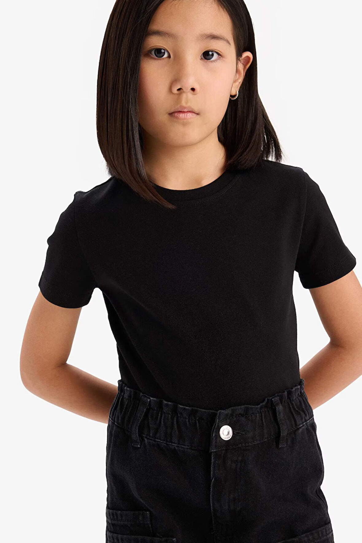 Kız Çocuk Slim Fit Dar Kesim Bisiklet Yaka Basic Düz Ribana Kısa Kollu Tişört