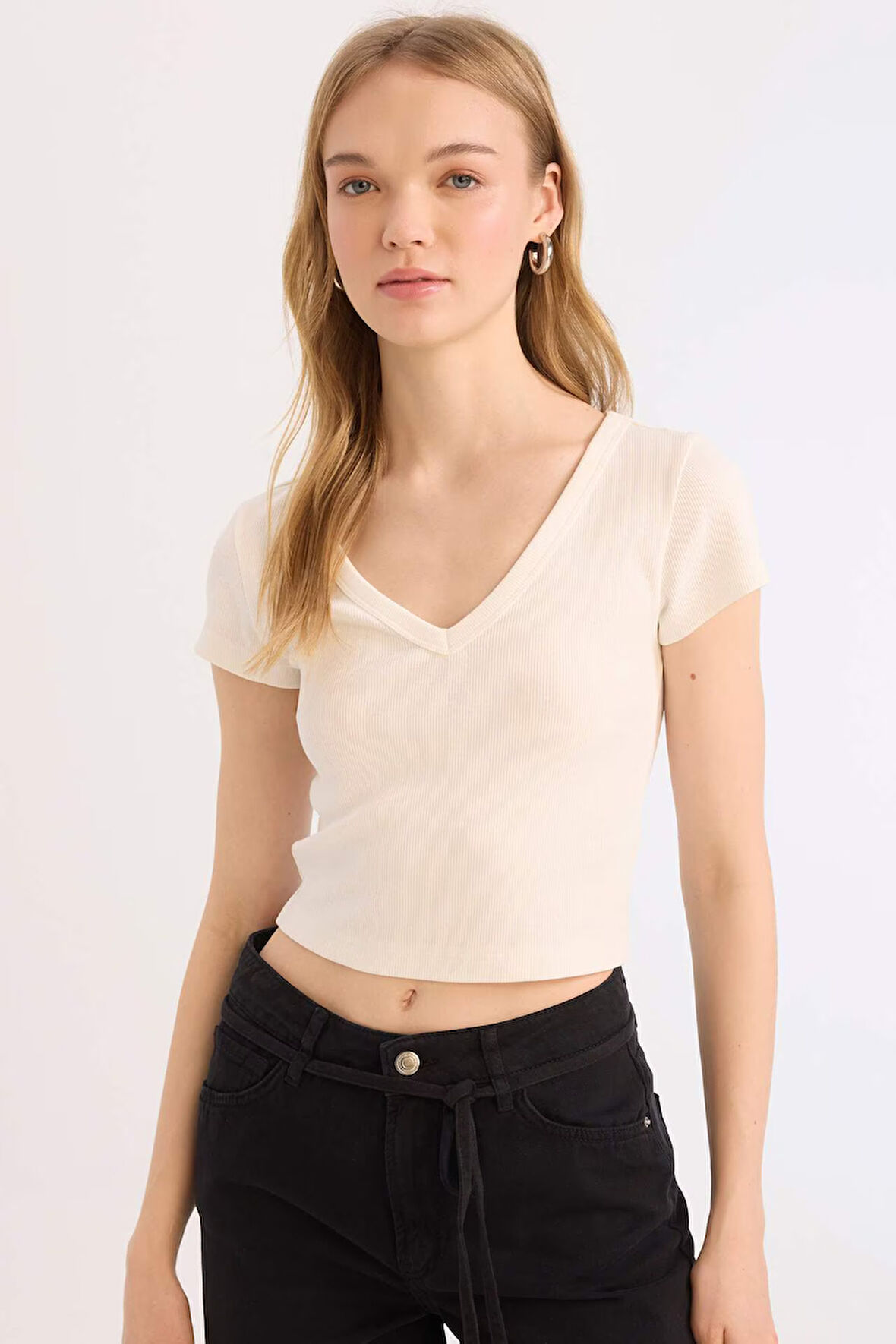 Coool Fitted Fitilli Kaşkorse Basic Düz Kısa Kollu Tişört