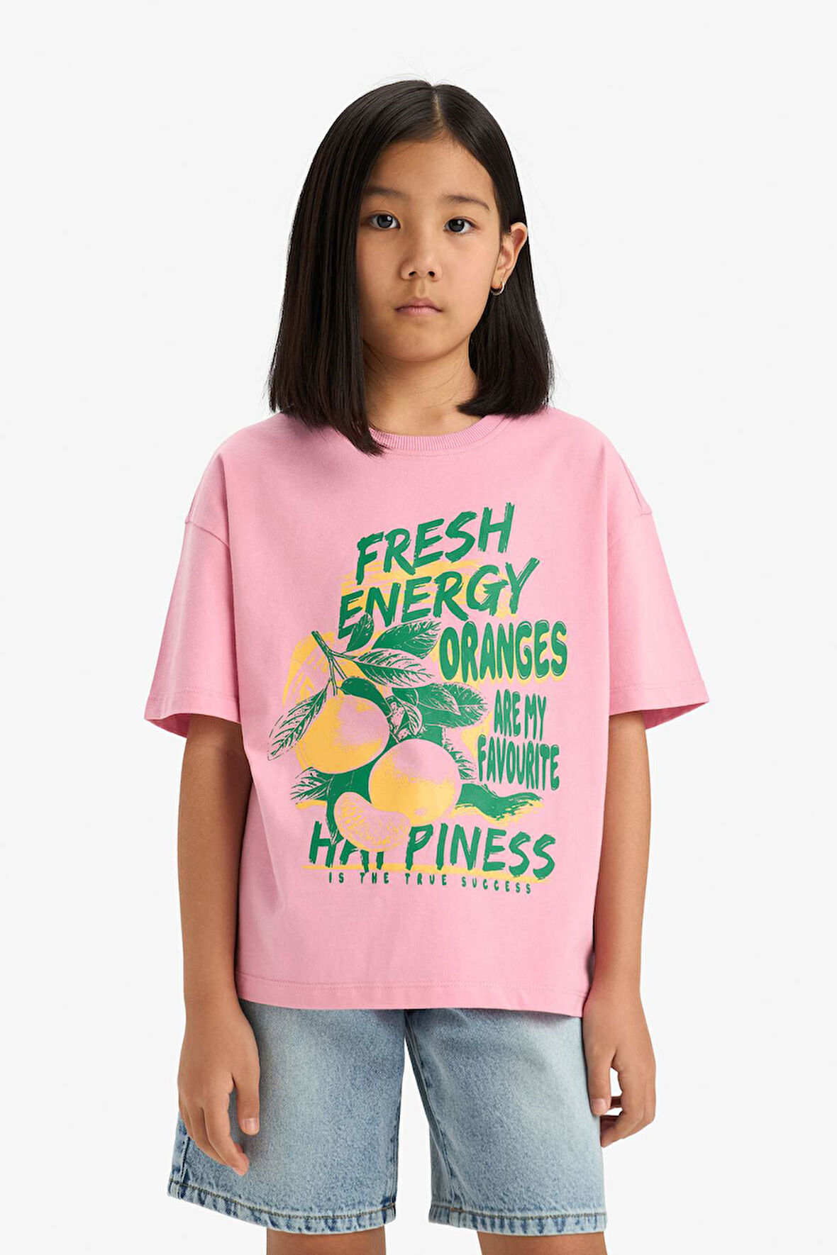 Kız Çocuk Oversize Geniş Kalıp Bisiklet Yaka Kısa Kollu Tişört