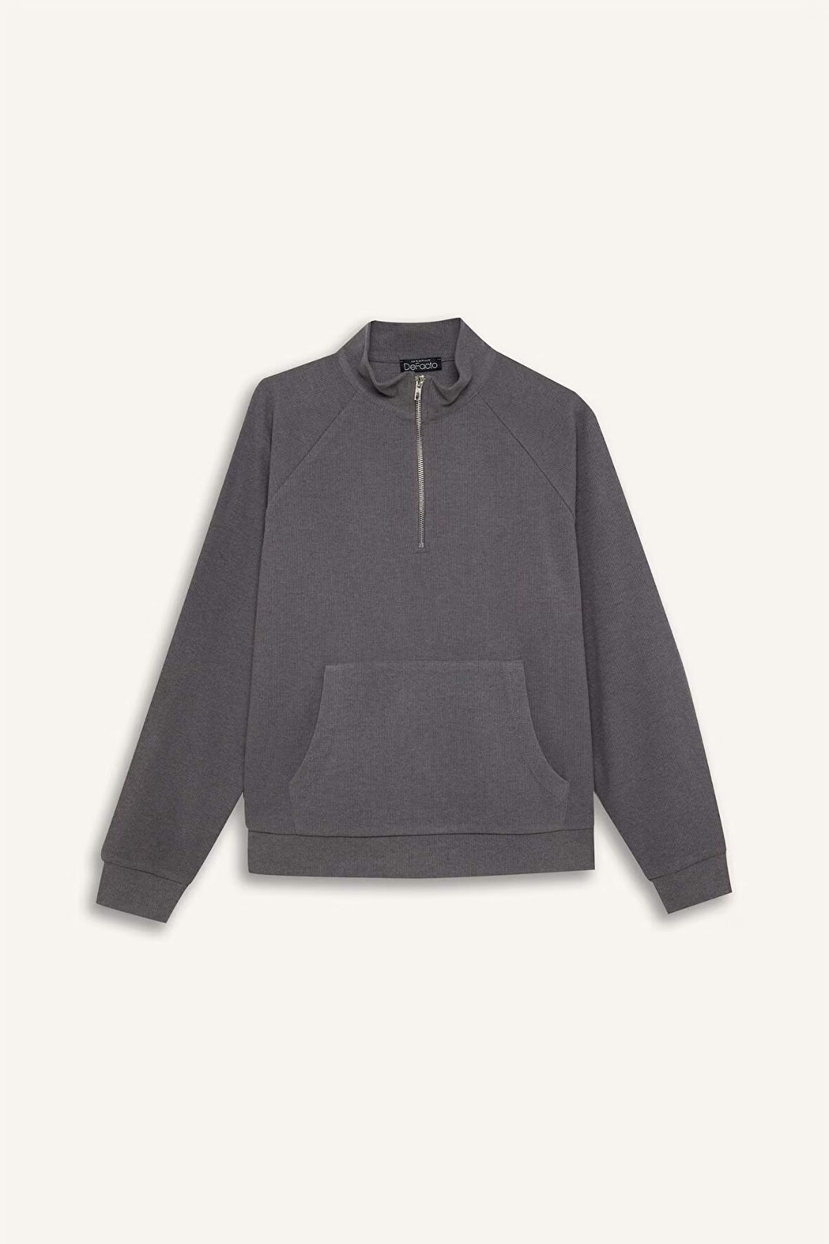 Oversize Fit Geniş Kalıp Basic Düz Kanguru Cepli Fermuarlı Polo Yaka Sweatshirt