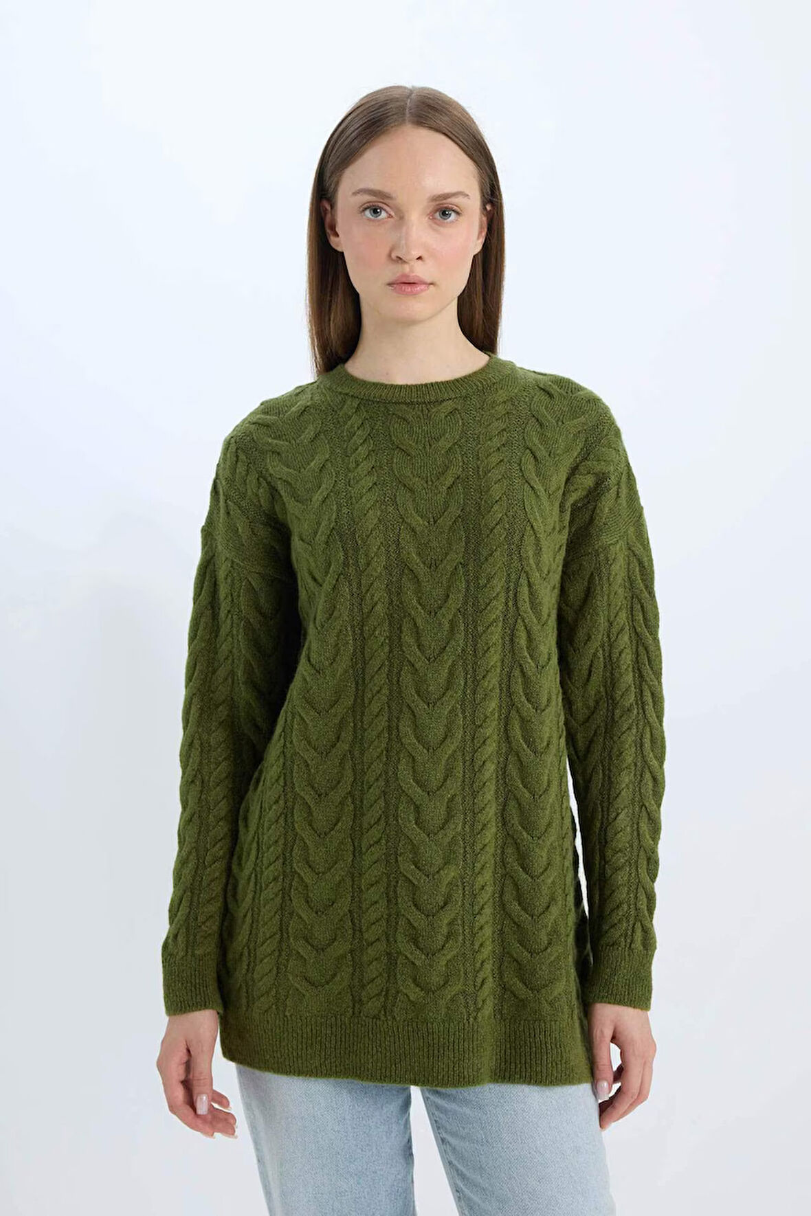 Regular Fit Bisiklet Yaka Saç Örgü Desenli Triko Kazak Tunik