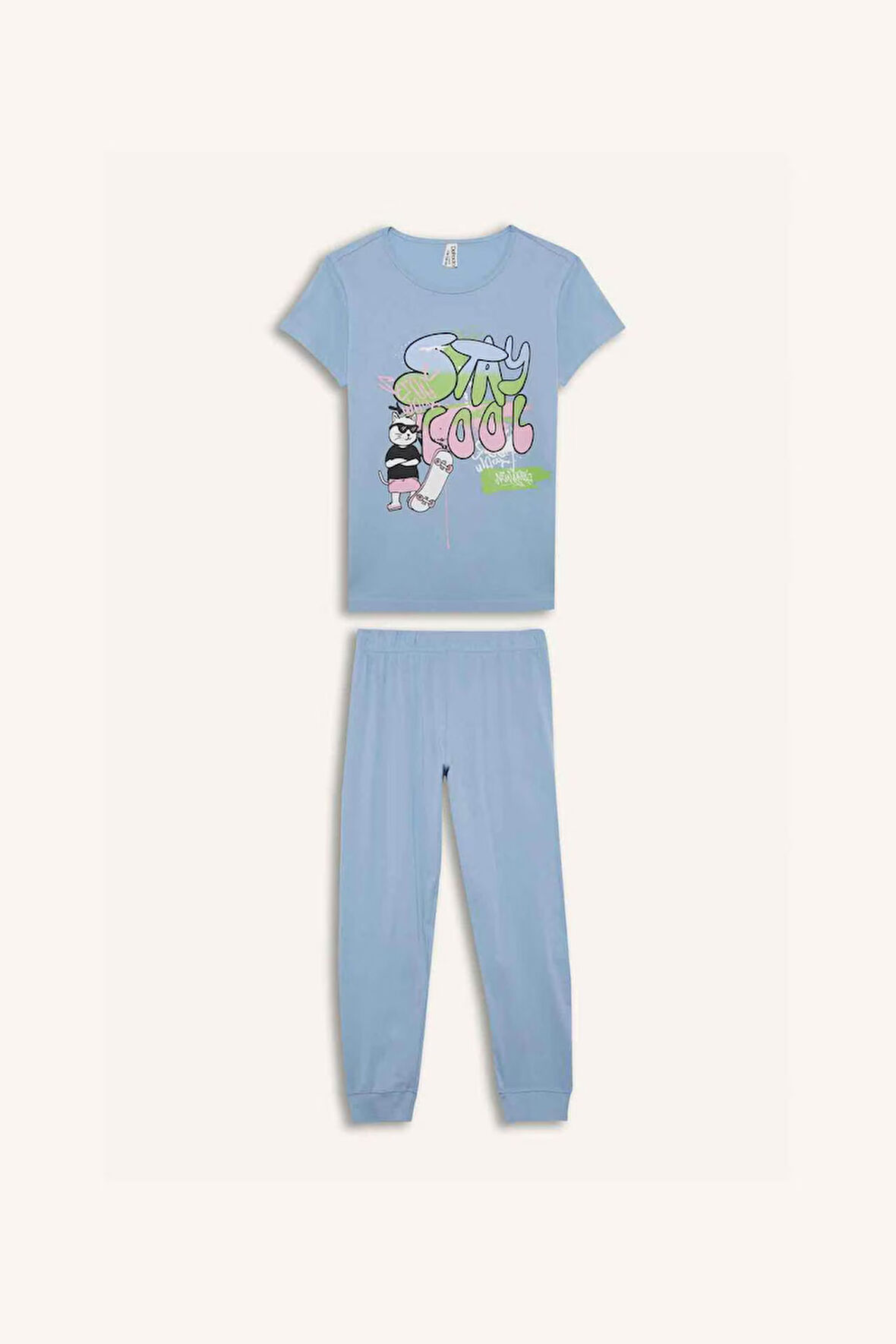 DeFacto Kız Çocuk Pijama Takımı Kısa Kollu Baskılı Üst Esnek Belli Uzun Alt E0539A825SMBE196