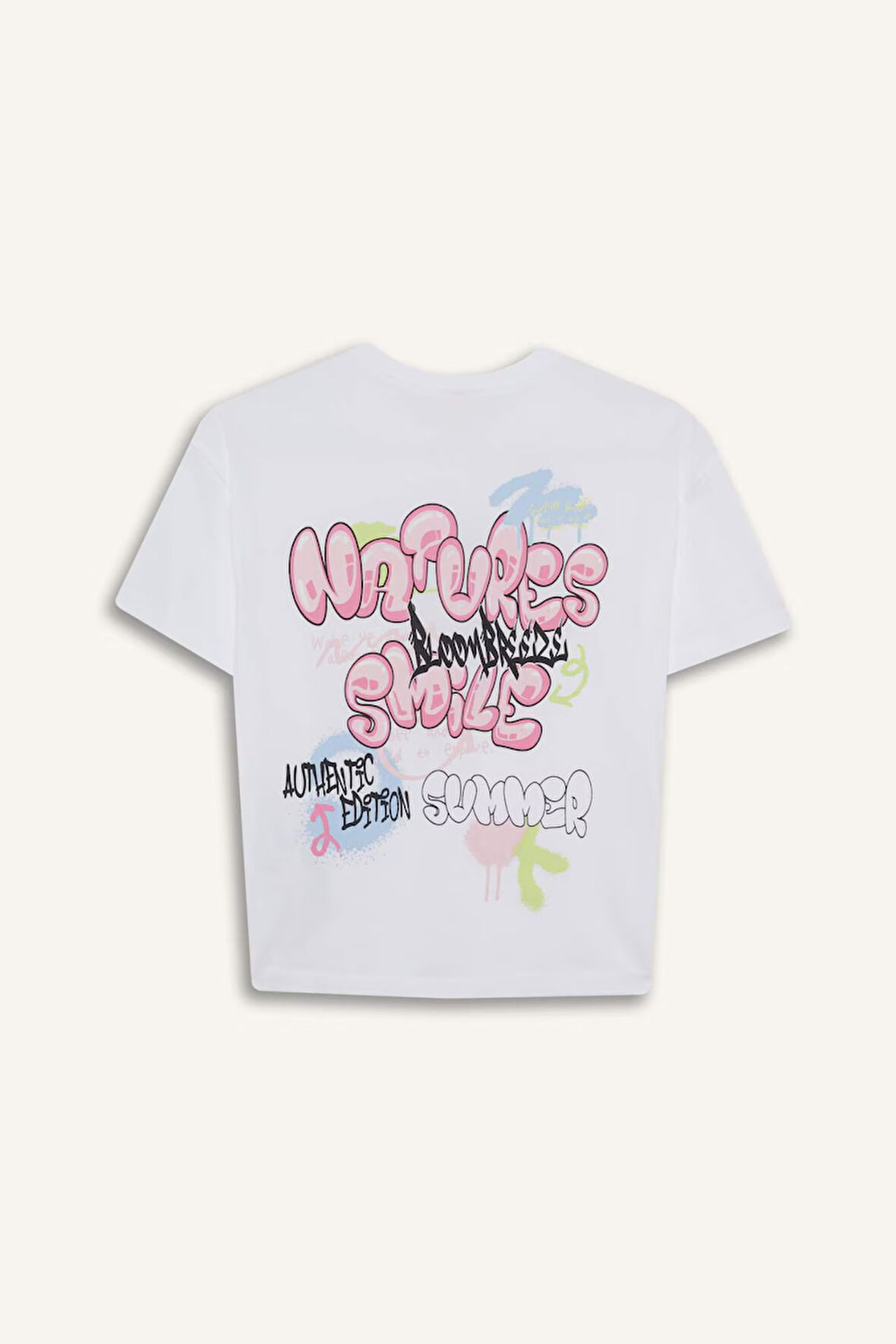 Kız Çocuk Oversize Geniş Kalıp Bisiklet Yaka Sırt Baskılı Kısa Kollu Tişört