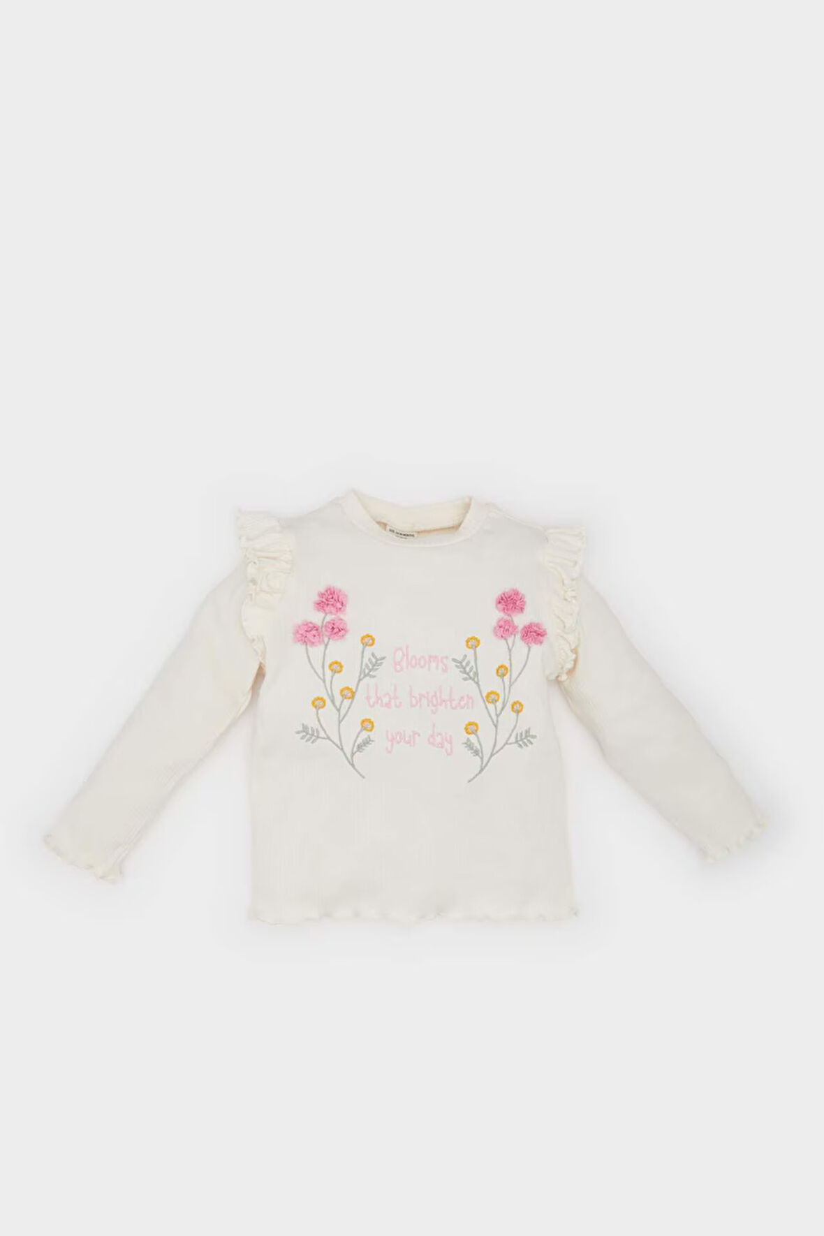 Kız Bebek Regular Fit Bisiklet Yaka Çiçekli Fitilli Kaşkorse Uzun Kollu Tişört