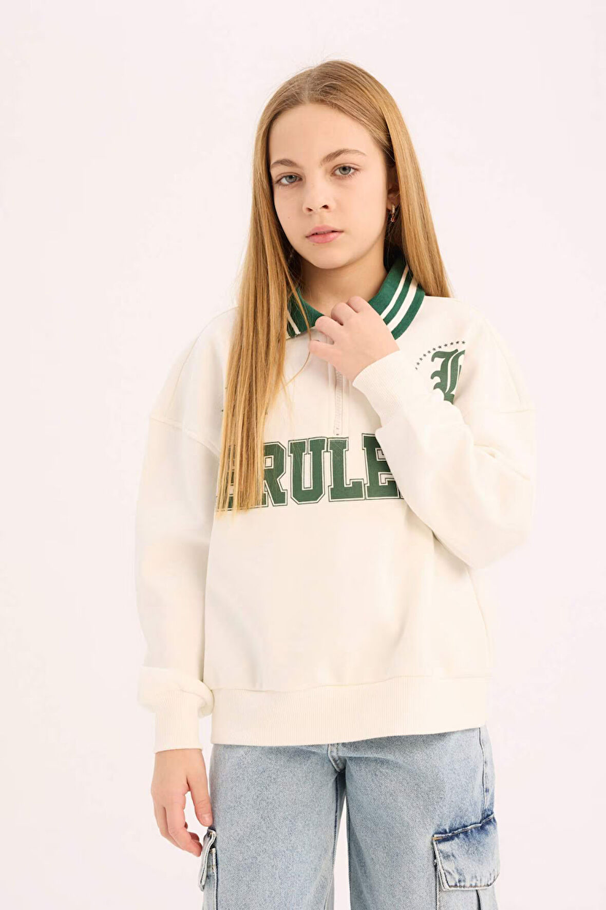 Kız Çocuk Oversize Geniş Kalıp Polo Yaka Baskılı İçi Yumuşak Tüylü Sweatshirt