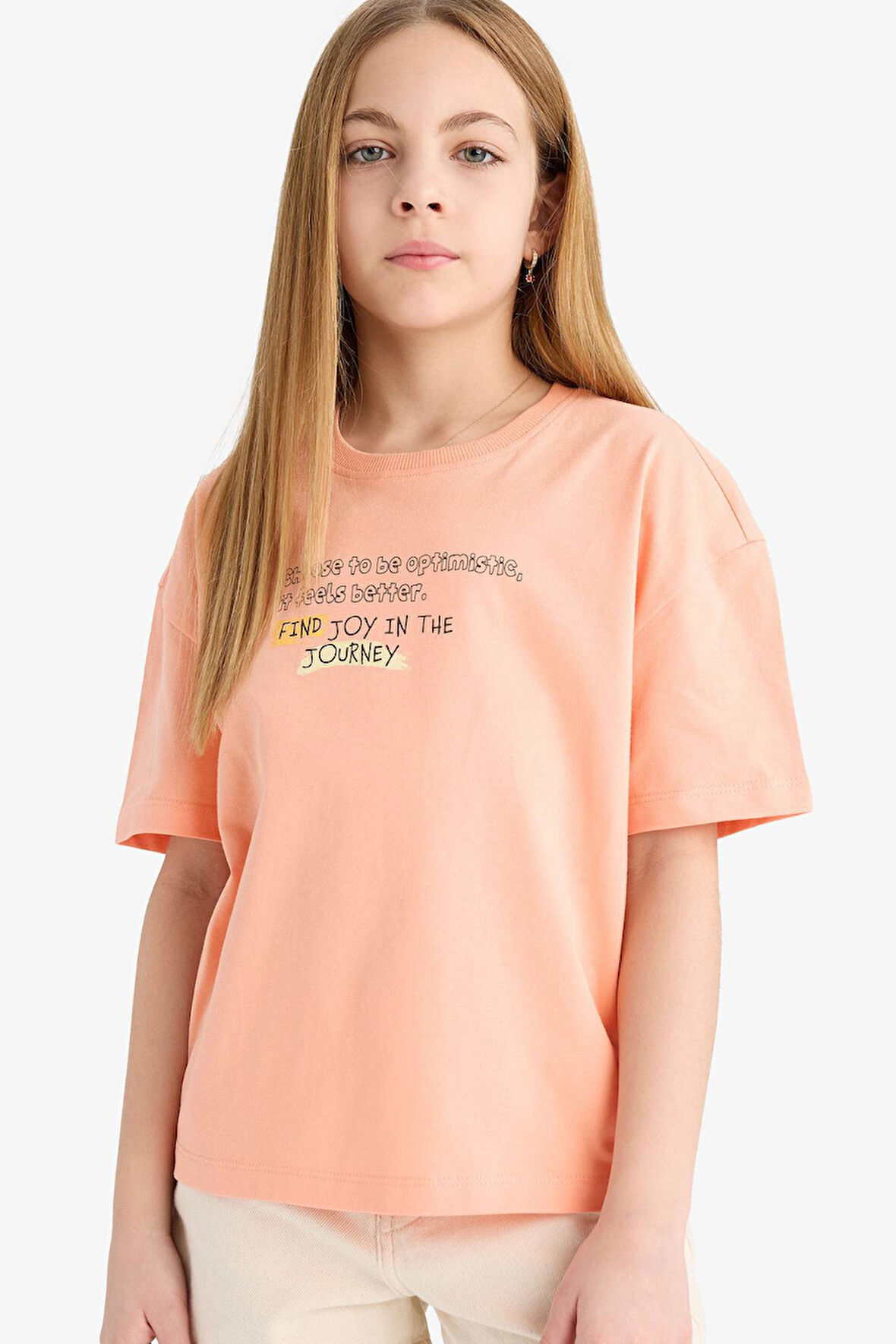 Kız Çocuk Relax Fit Bisiklet Yaka Baskılı Kısa Kollu Tişört