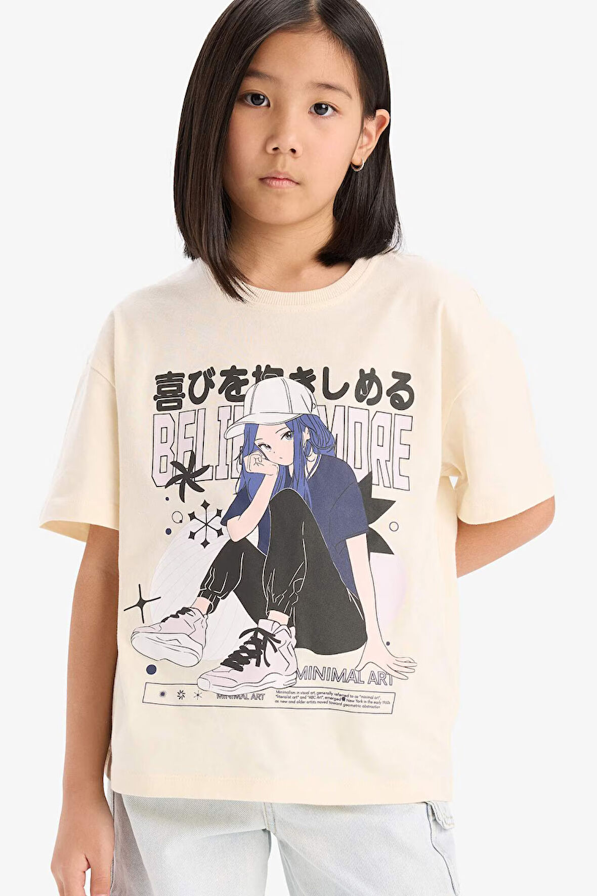 DeFacto Kız Çocuk Oversize Geniş Kalıp Bisiklet Yaka Baskılı Kısa Kollu Tişört E0356A825SMER134