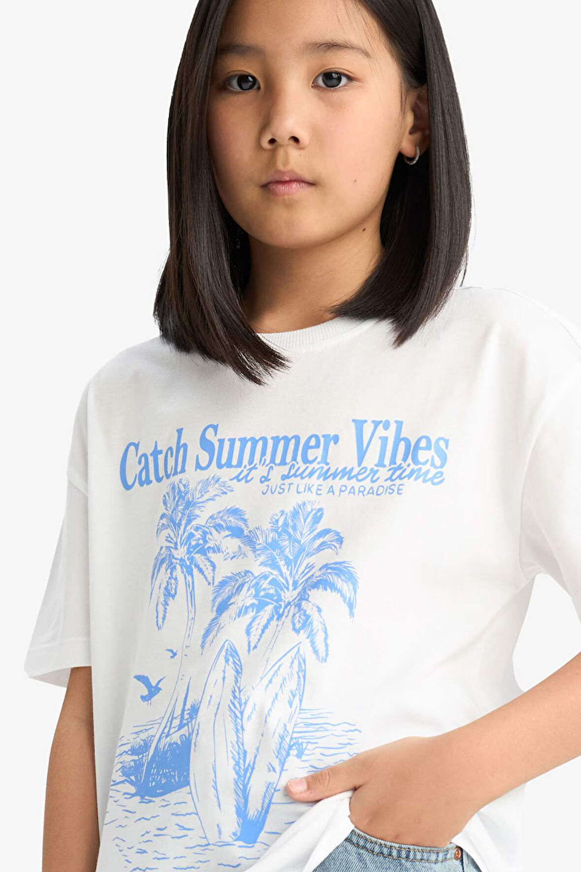 DeFacto Kız Çocuk Relax Fit Palmiye Baskılı Bisiklet Yaka Kısa Kollu Tişört E0390A825SMWT34