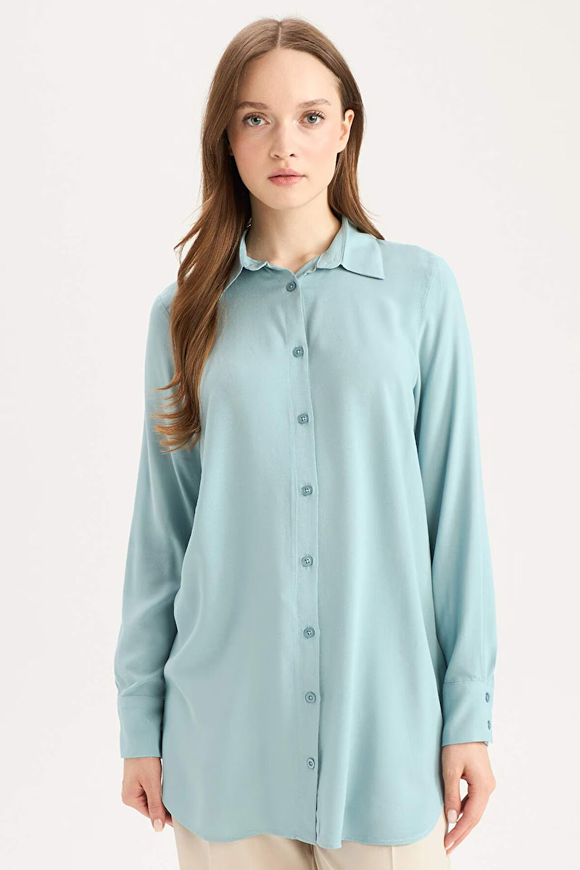 Regular Fit Basic Düz Uzun Kollu Gömlek Tunik	