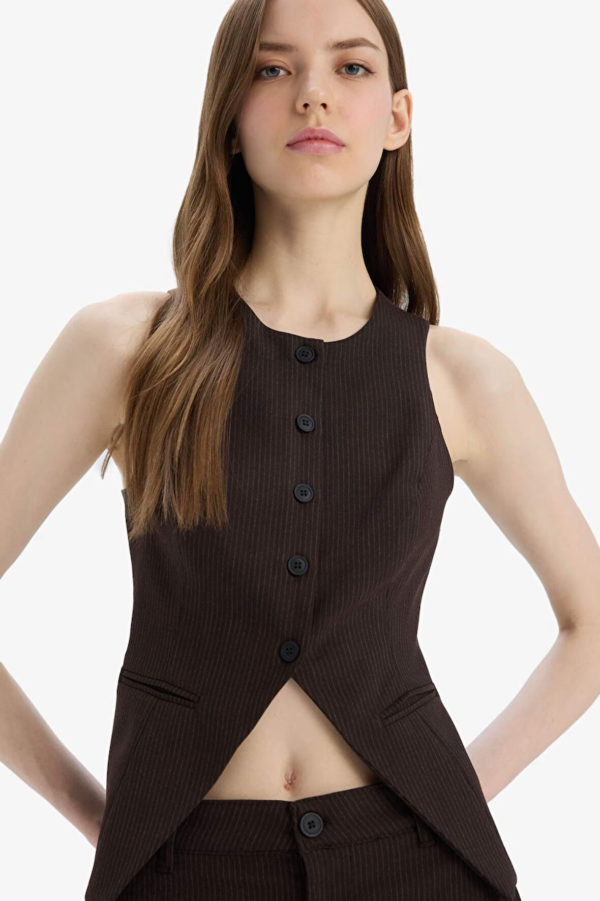Fitted Bisiklet Yaka Düğmeli Kolsuz Triko Hırka