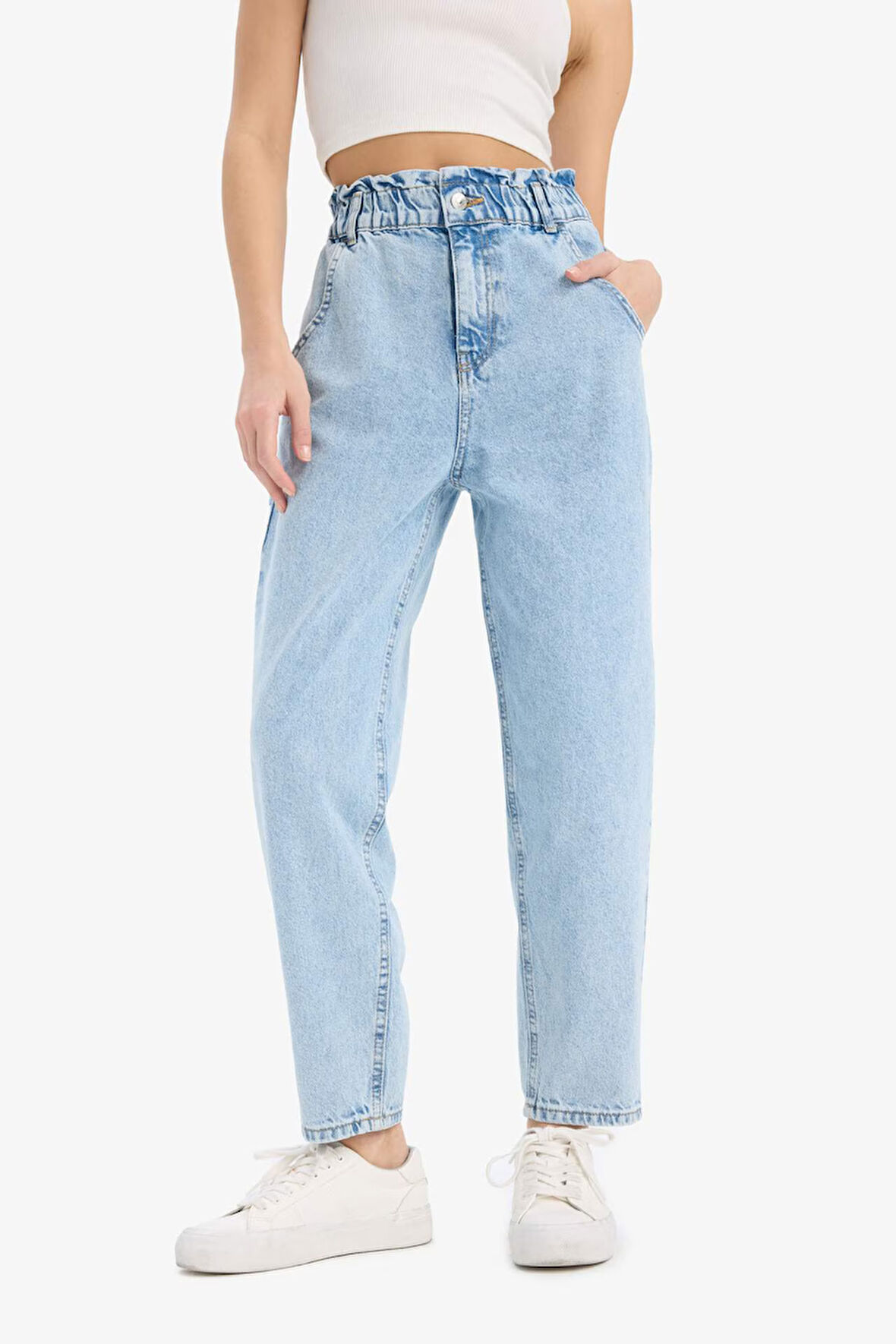 DeFacto Paperbag Beli Lastikli Bilek Boy Jean Yıkamalı Pantolon E3184AX25SPNM85