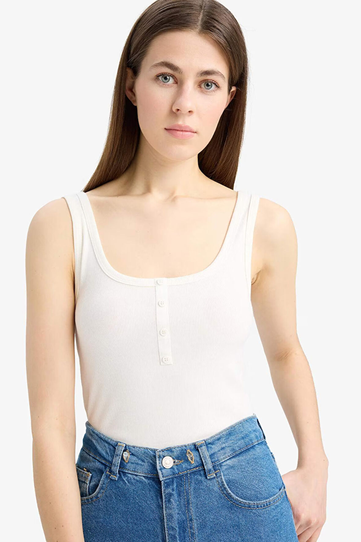 DeFacto Slim Fit Dar Kesim Kare Yaka Fitilli Kaşkorse Atlet E2173AX25SPWT32