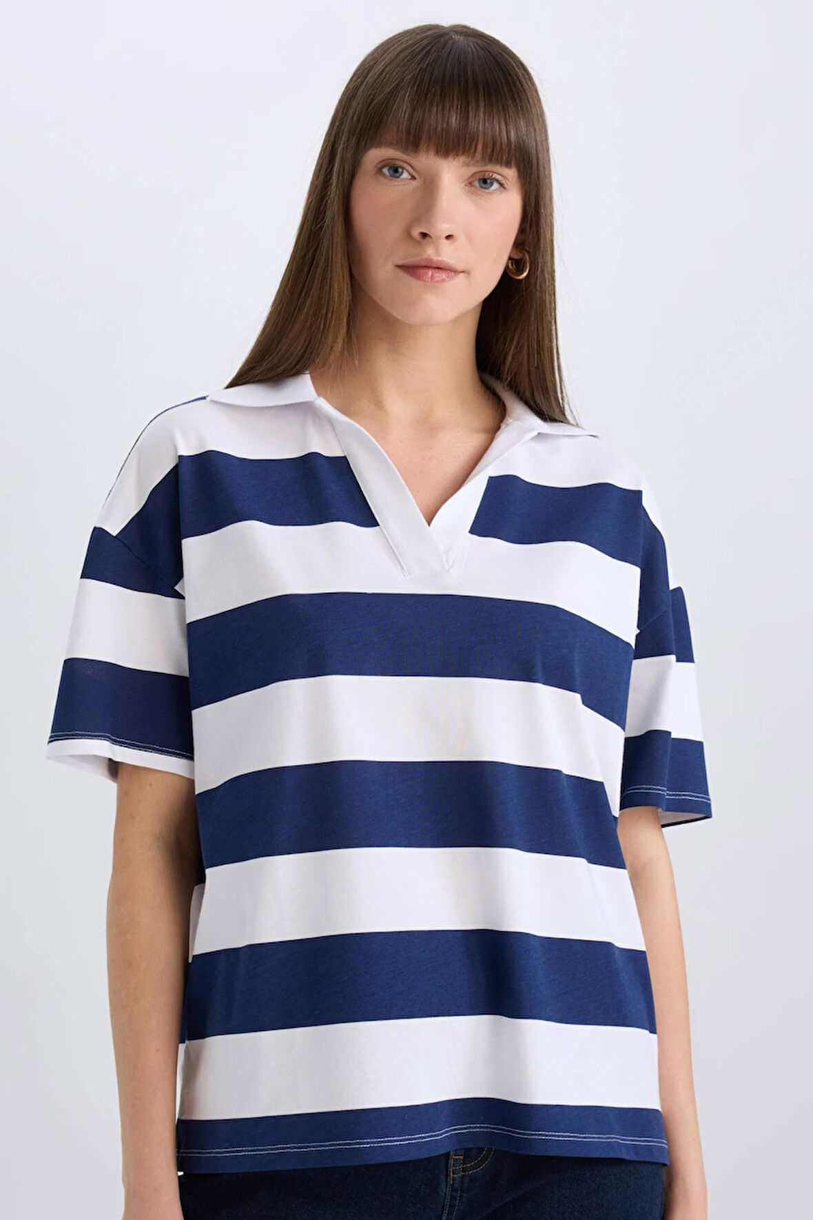DeFacto Relax Fit Çizgilil Penye Kısa Kollu Polo Tişört E2161AX25SPNV42