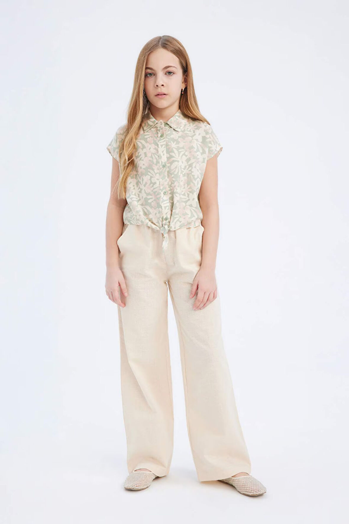 Kız Çocuk Beli Lastikli Wide Leg Geniş Bol Paça Pamuklu Pantolon