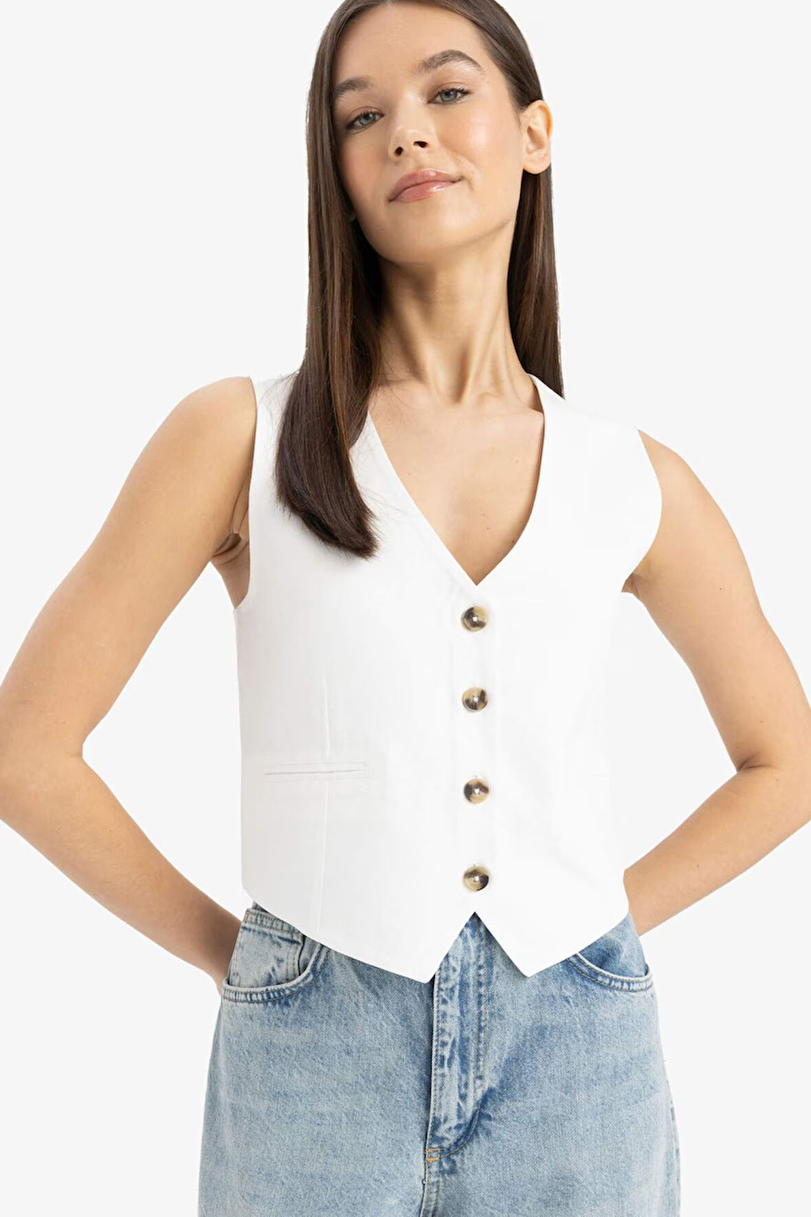 V Yaka Keten Karışımlı Beyaz Blazer Yelek