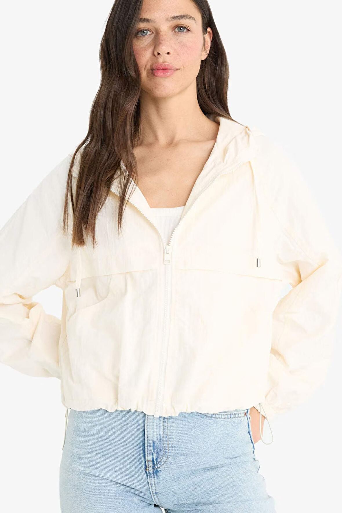 Regular Fit Kapüşonlu Fermuarlı Crop Yağmurluk 