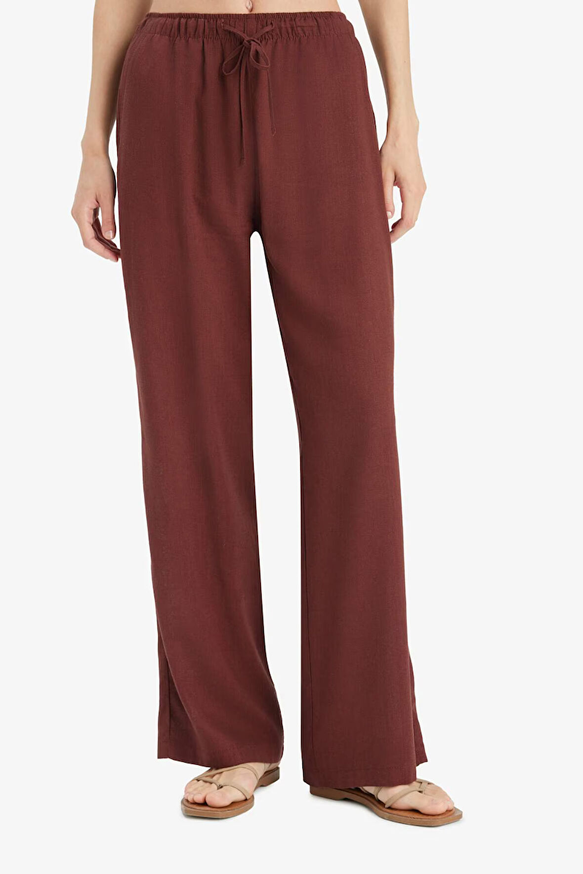 Straight Fit Çift Cepli Kısa Boy Keten Karışımlı Pantolon