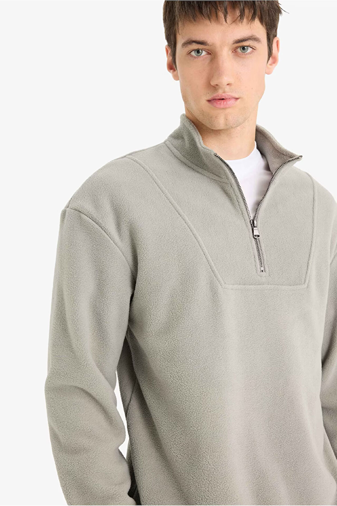 Boxy Fit Dik Yaka Yarım Fermuarlı Polar Sweatshirt 