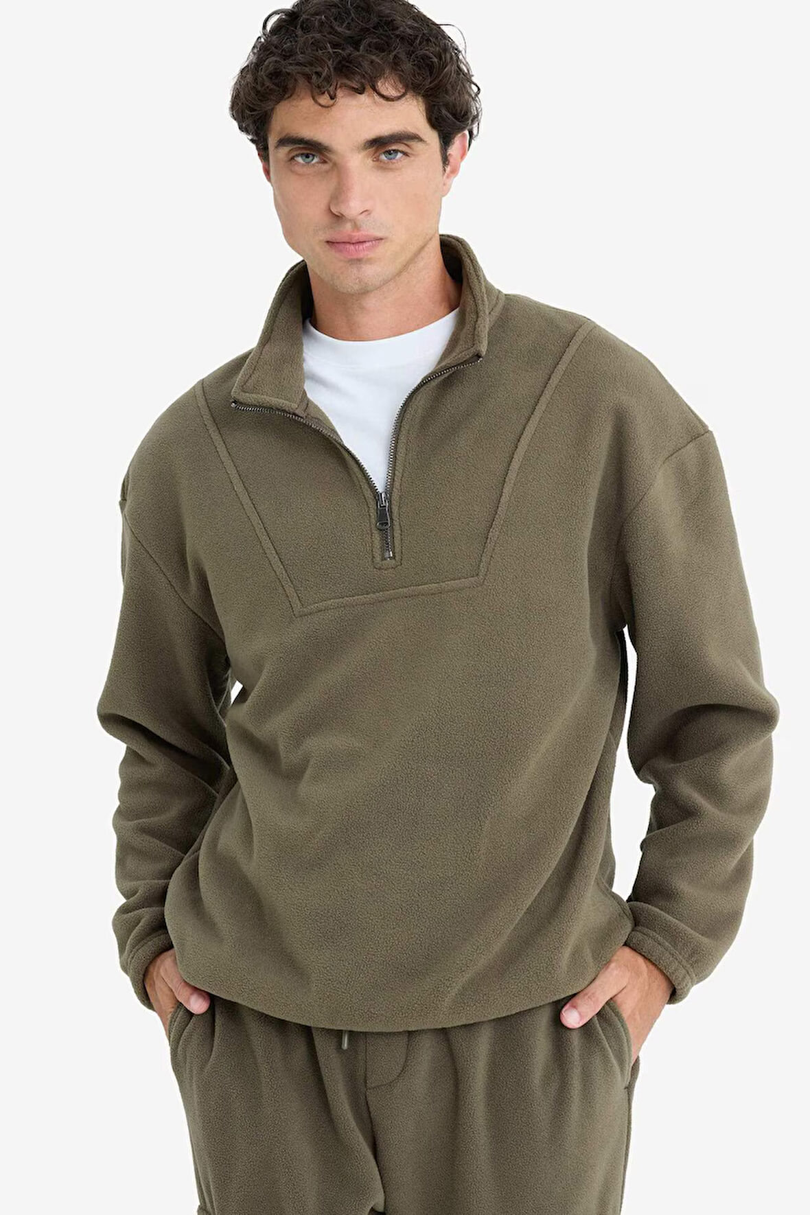 Boxy Fit Dik Yaka Yarım Fermuarlı Polar Sweatshirt 