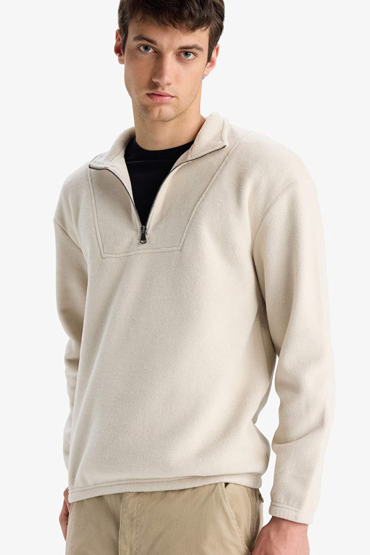 Boxy Fit Dik Yaka Yarım Fermuarlı Polar Sweatshirt 