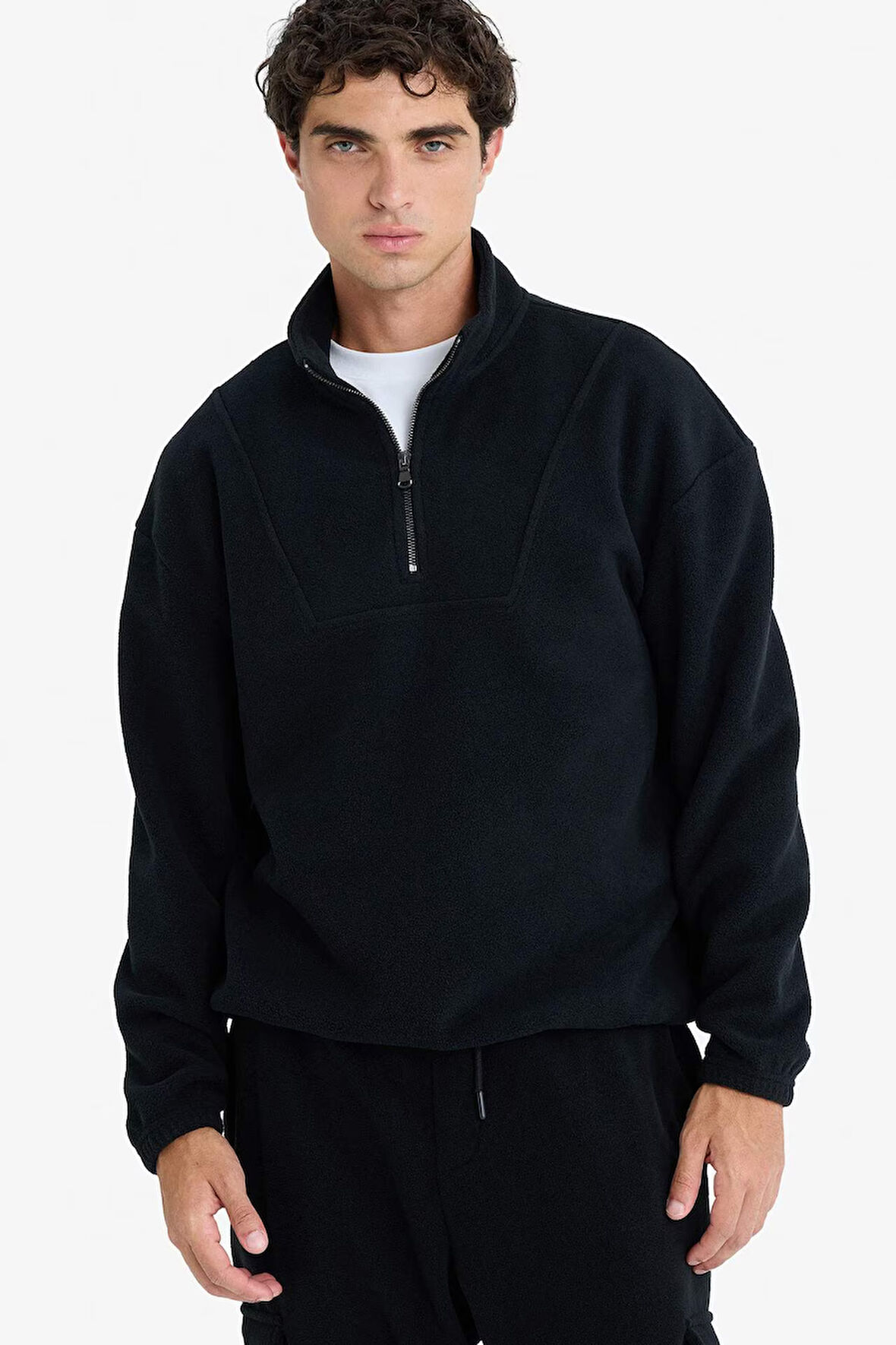 Boxy Fit Dik Yaka Yarım Fermuarlı Polar Sweatshirt 