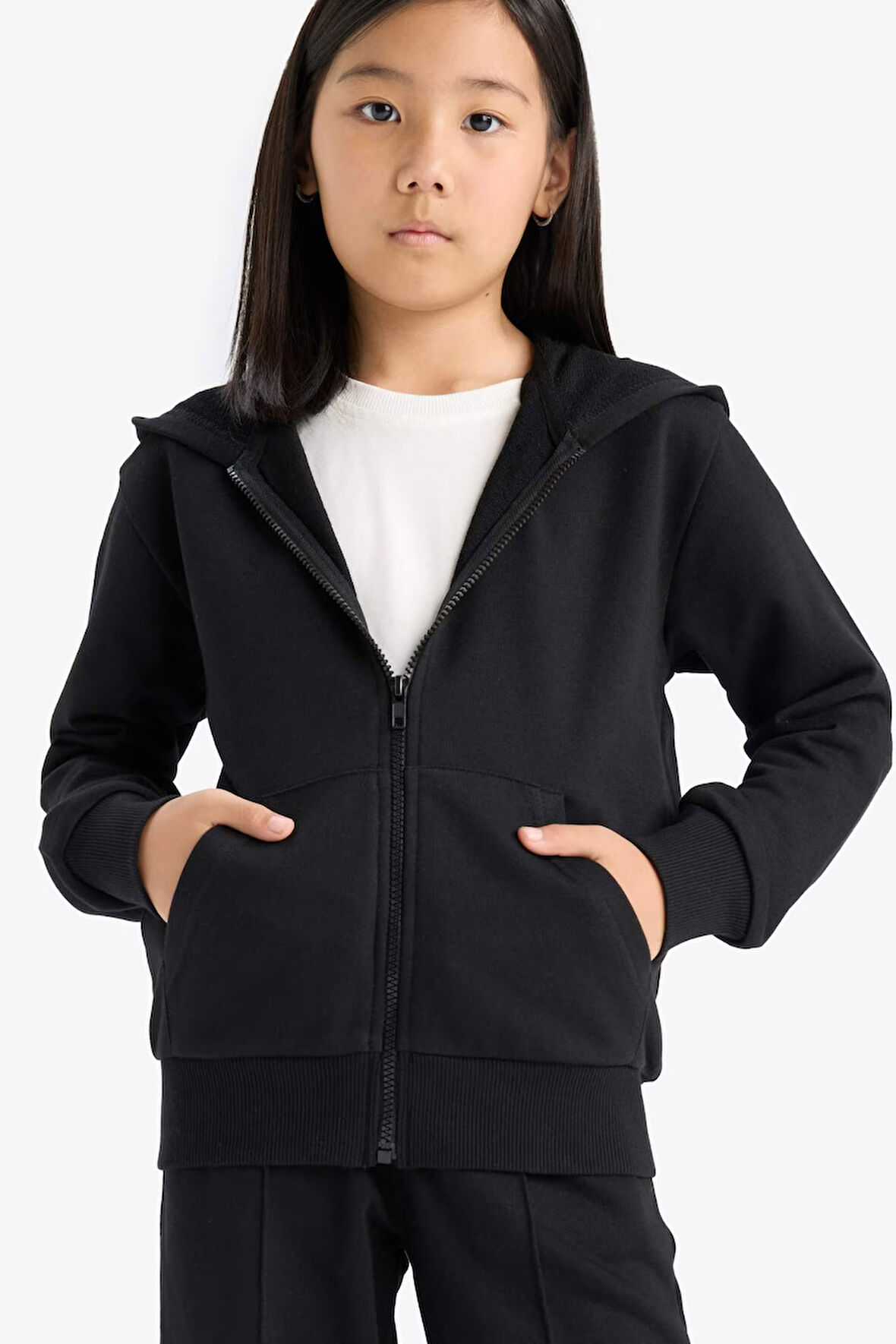 Kız Çocuk Basic Düz Kapüşonlu Fermuarlı Sweatshirt 