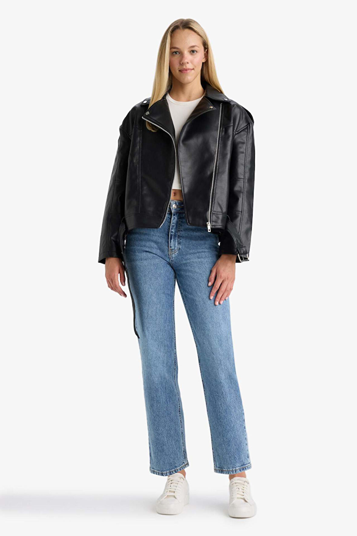 Oversize Geniş Kalıp Fermuarlı Suni Deri Ceket Mont