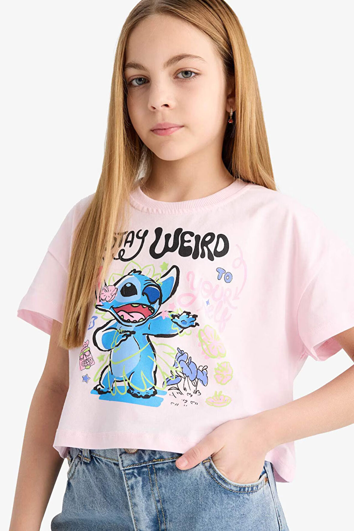 Kız Çocuk Disney Lilo & Stitch Bisiklet Yaka Kısa Kollu Tişört