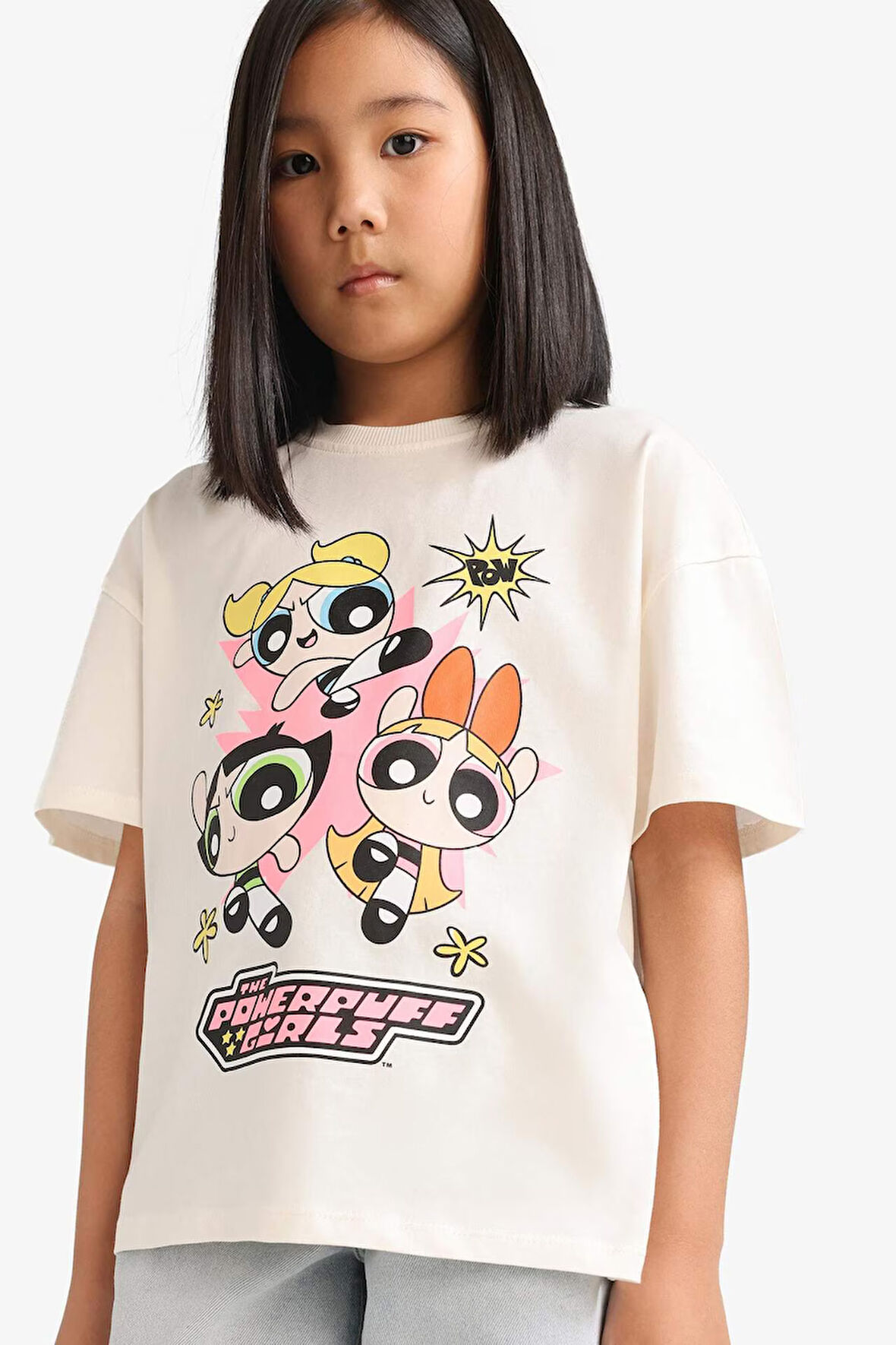 Kız Çocuk PowerPuff Girls Oversize Geniş Kalıp Bisiklet Yaka Kısa Kollu Tişört