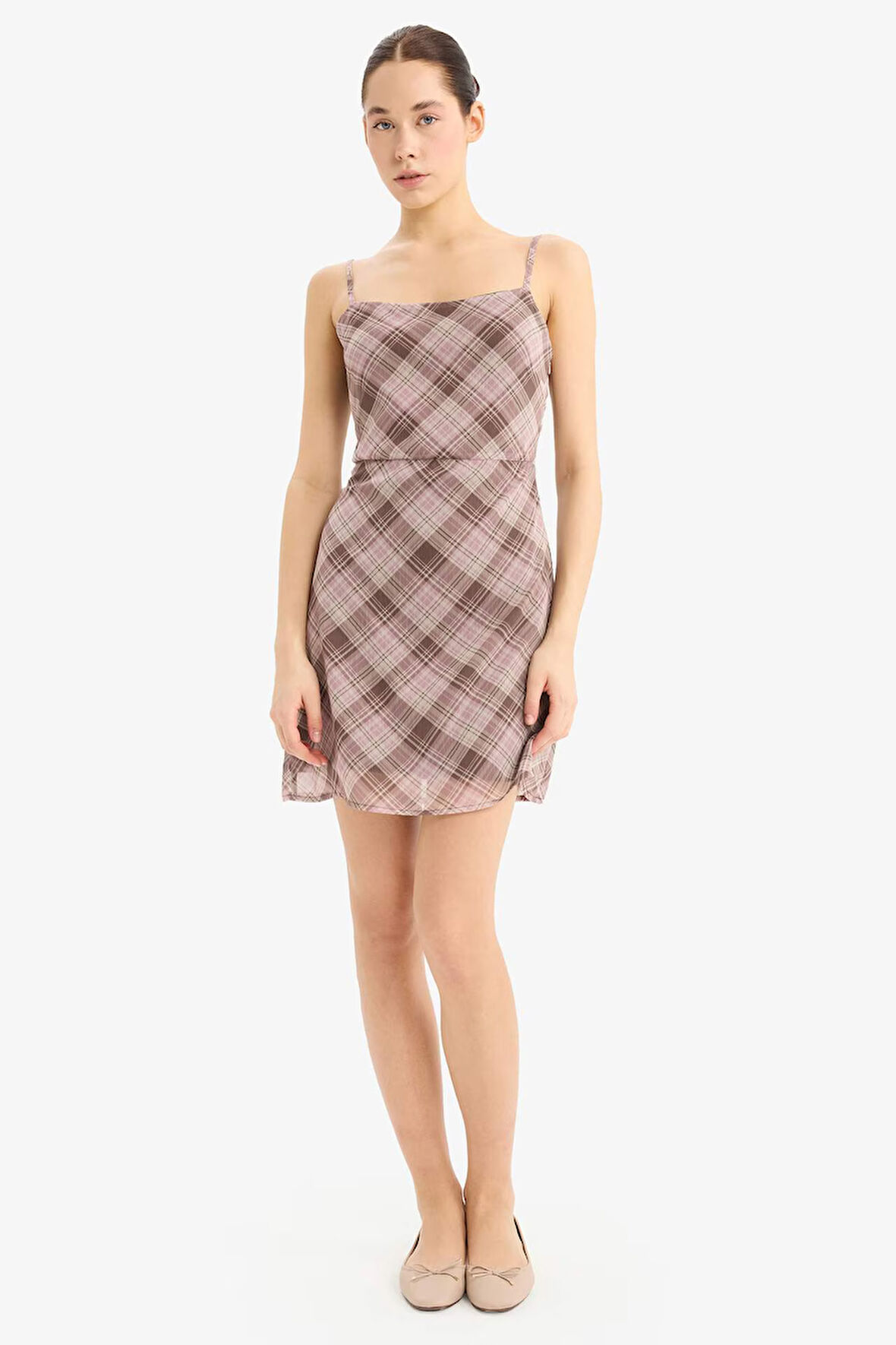 DeFacto Coool Askılı Kareli Şifon Askılı Mini Elbise E7657AX25SPBR277