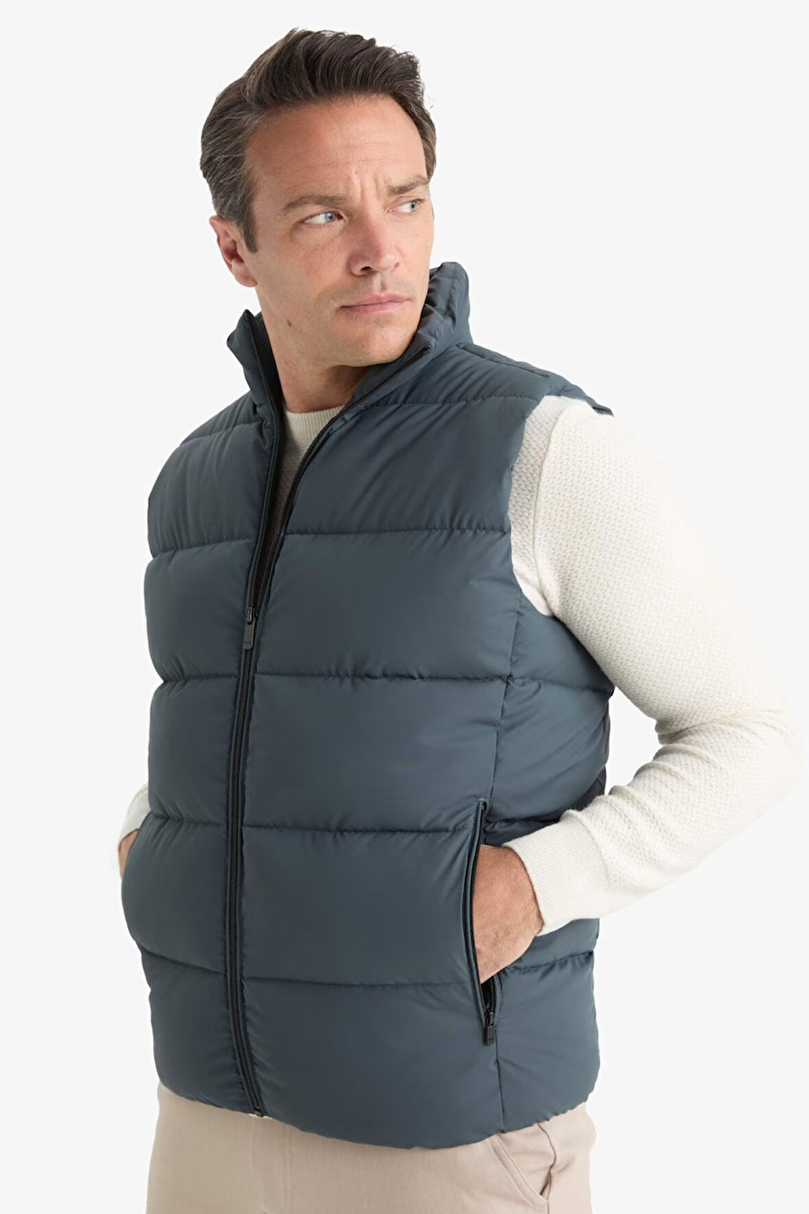 Slim Fit Dar Kesim Dik Yaka Fermuarlı Astarlı Su Geçirmez Şişme Yelek 