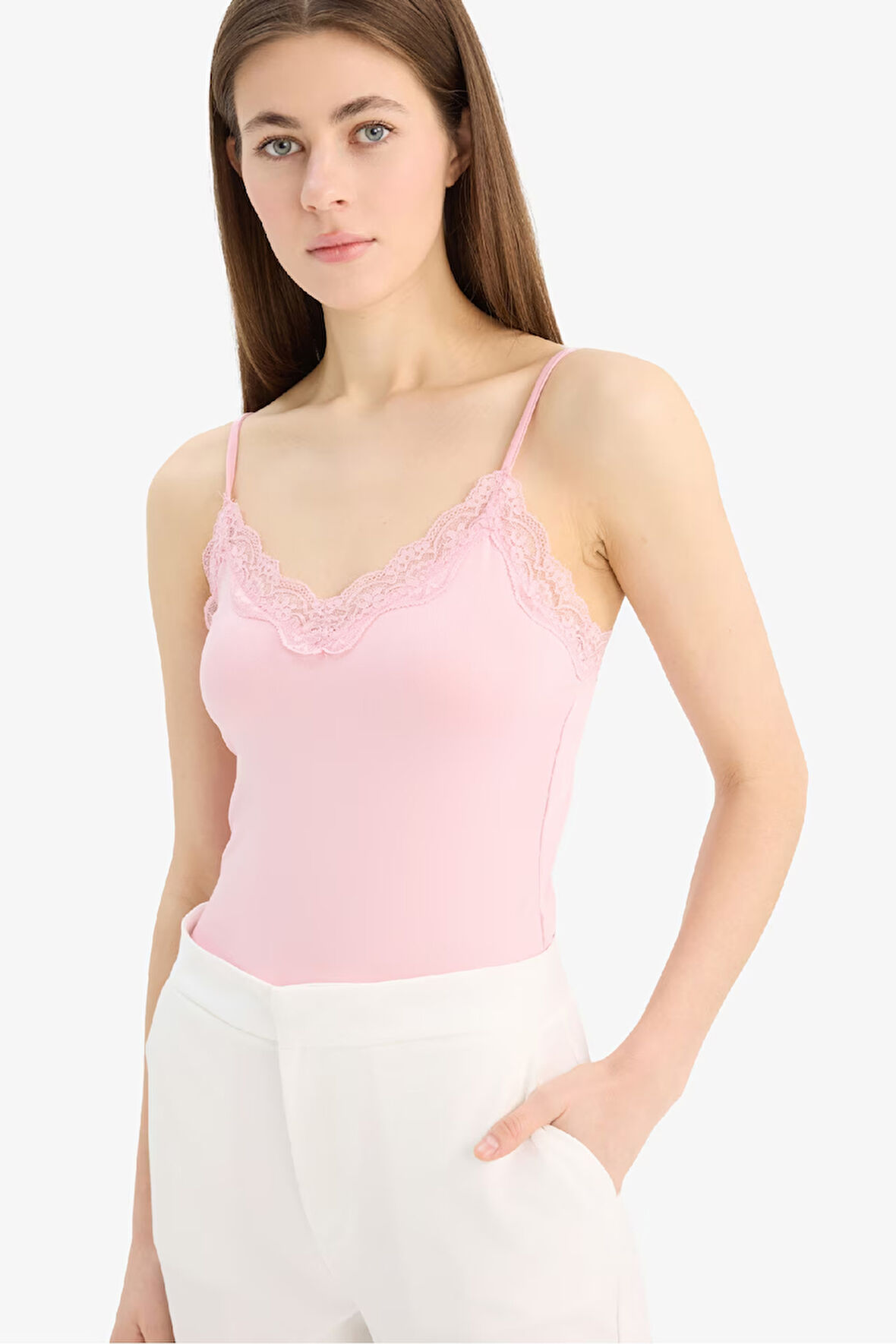 DeFacto Slim Fit Dar Kesim V Yaka Dantelli Atlet E8483AX25SPPN637