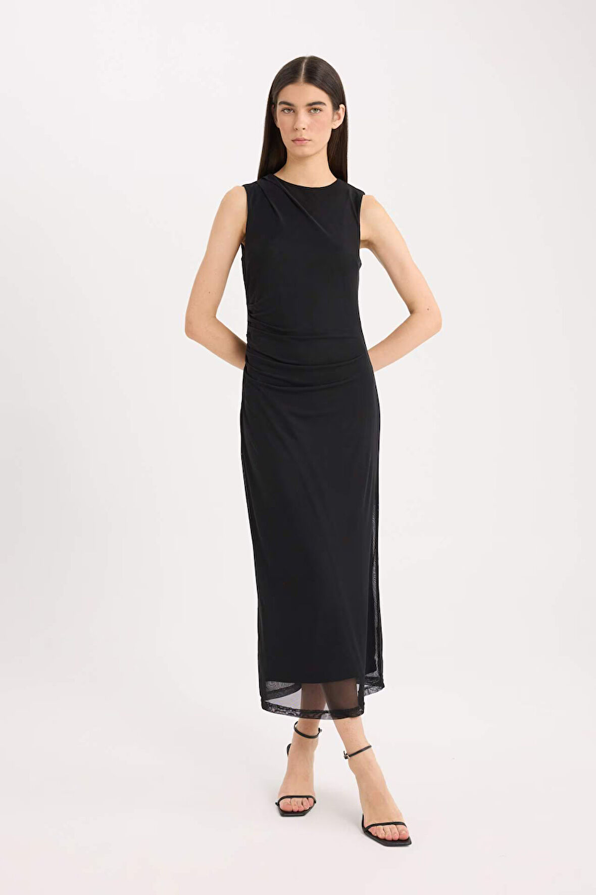 Bodycon Vücudu Saran Yuvarlak Yaka Basic Düz Tül Kolsuz Midi Elbise