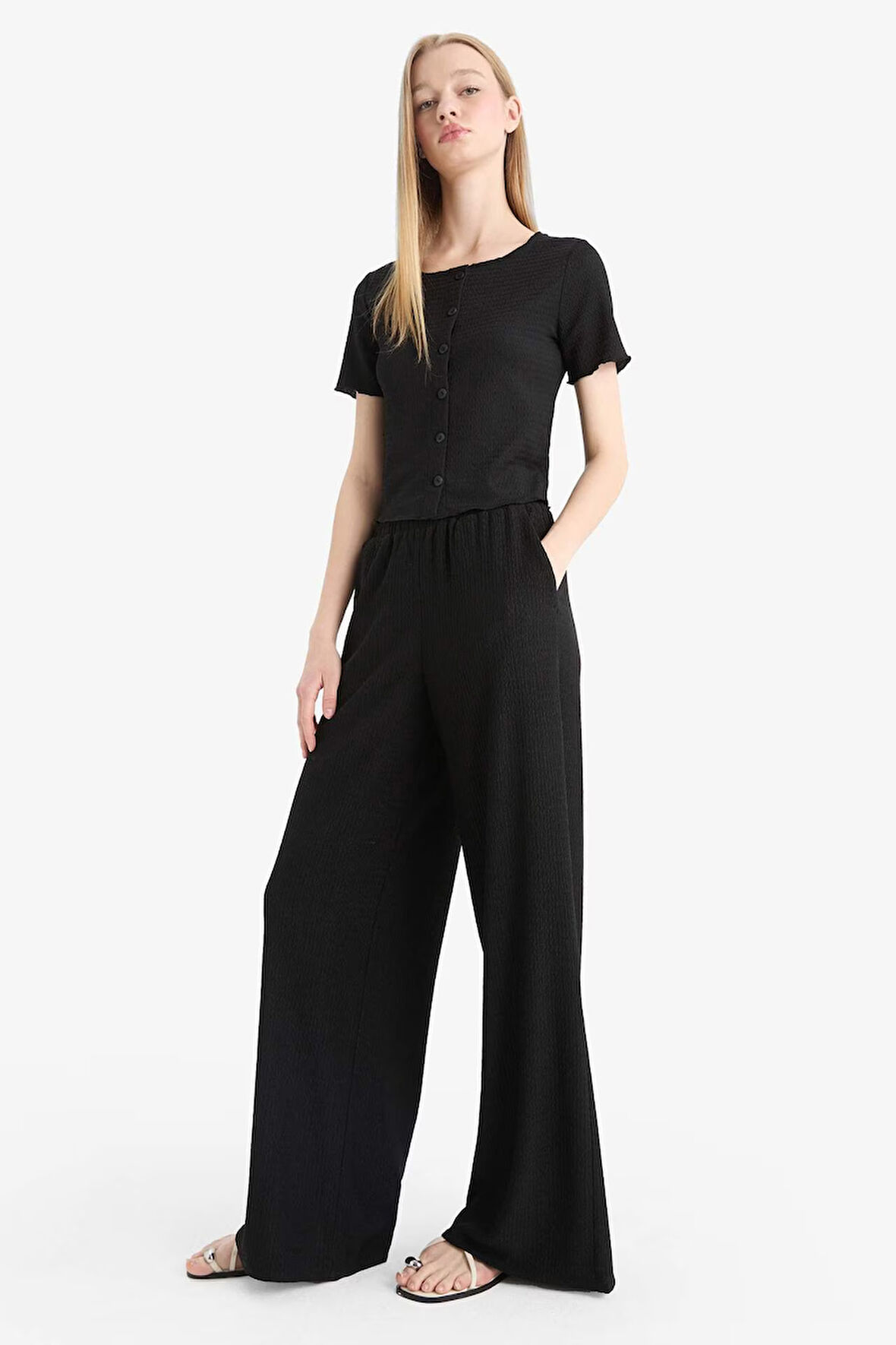 Coool Wide Leg Beli Lastikli Krep Pantolon