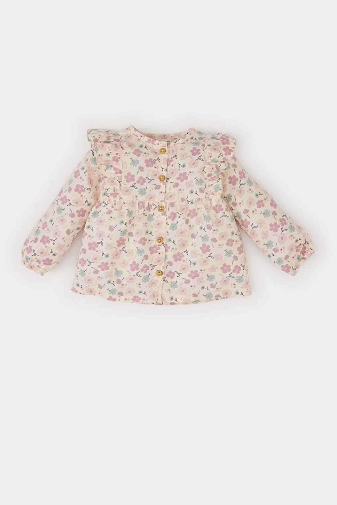 Kız Bebek Bisiklet Yaka Çiçekli Twill Uzun Kollu Gömlek