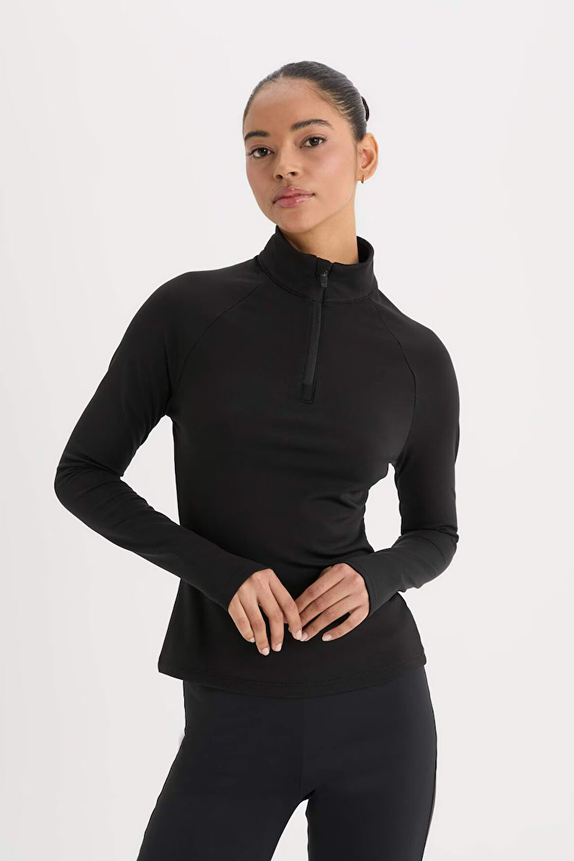 DeFactoFit Standart Fit Basic Düz Dik Yaka Sporcu Uzun Kollu Siyah Tişört B0811AX25SPBK81