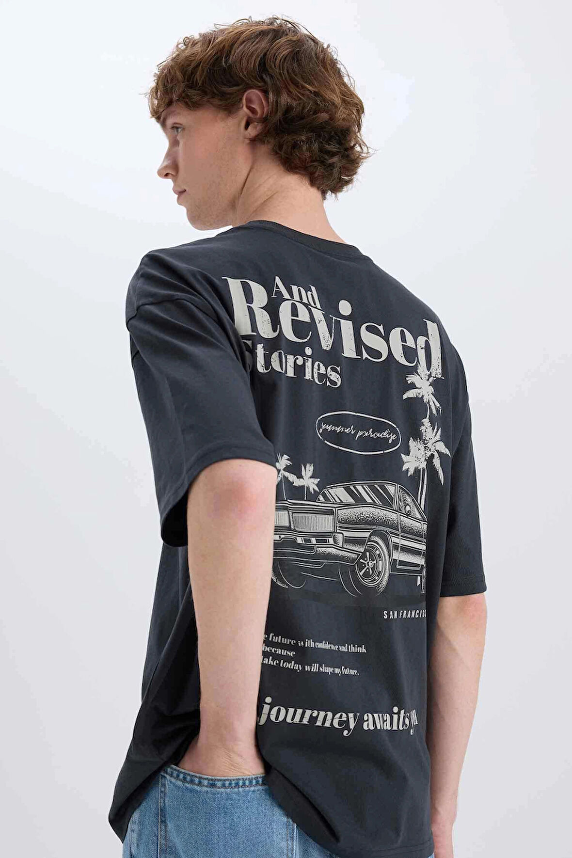 Defacto E3799 Antrasit %100 Pamuk Oversize Geniş Kalıp Bisiklet Yaka Sırt Baskılı Kısa Kollu Tişört