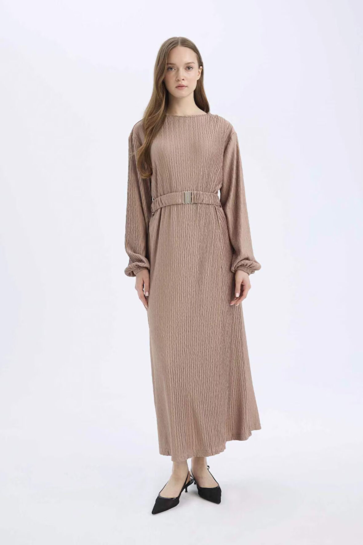 Regular Fit Pilise Uzun Kollu Maxi Elbise