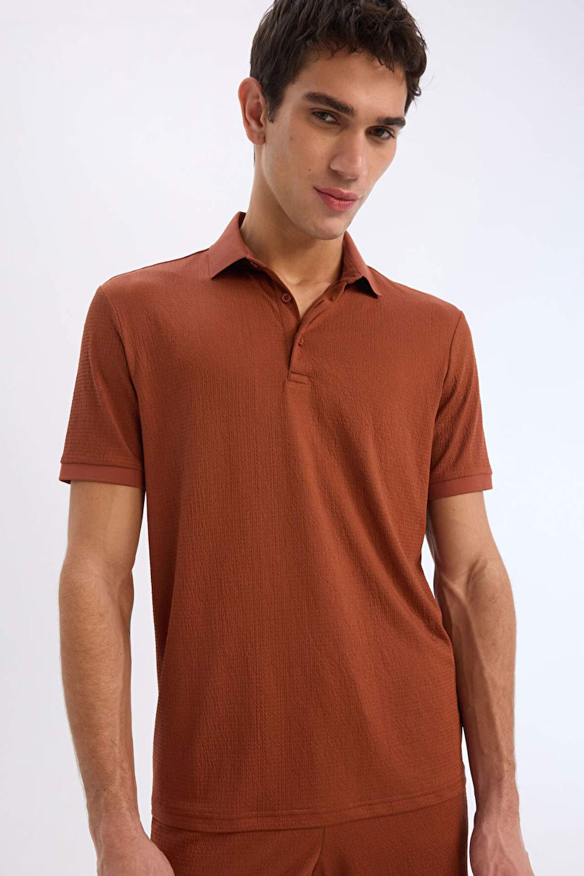 DeFacto Slim Fit Dar Kesim Polo Yaka Dokulu Kısa Kollu Krinkıl Tişört E1222AX25SMBN312