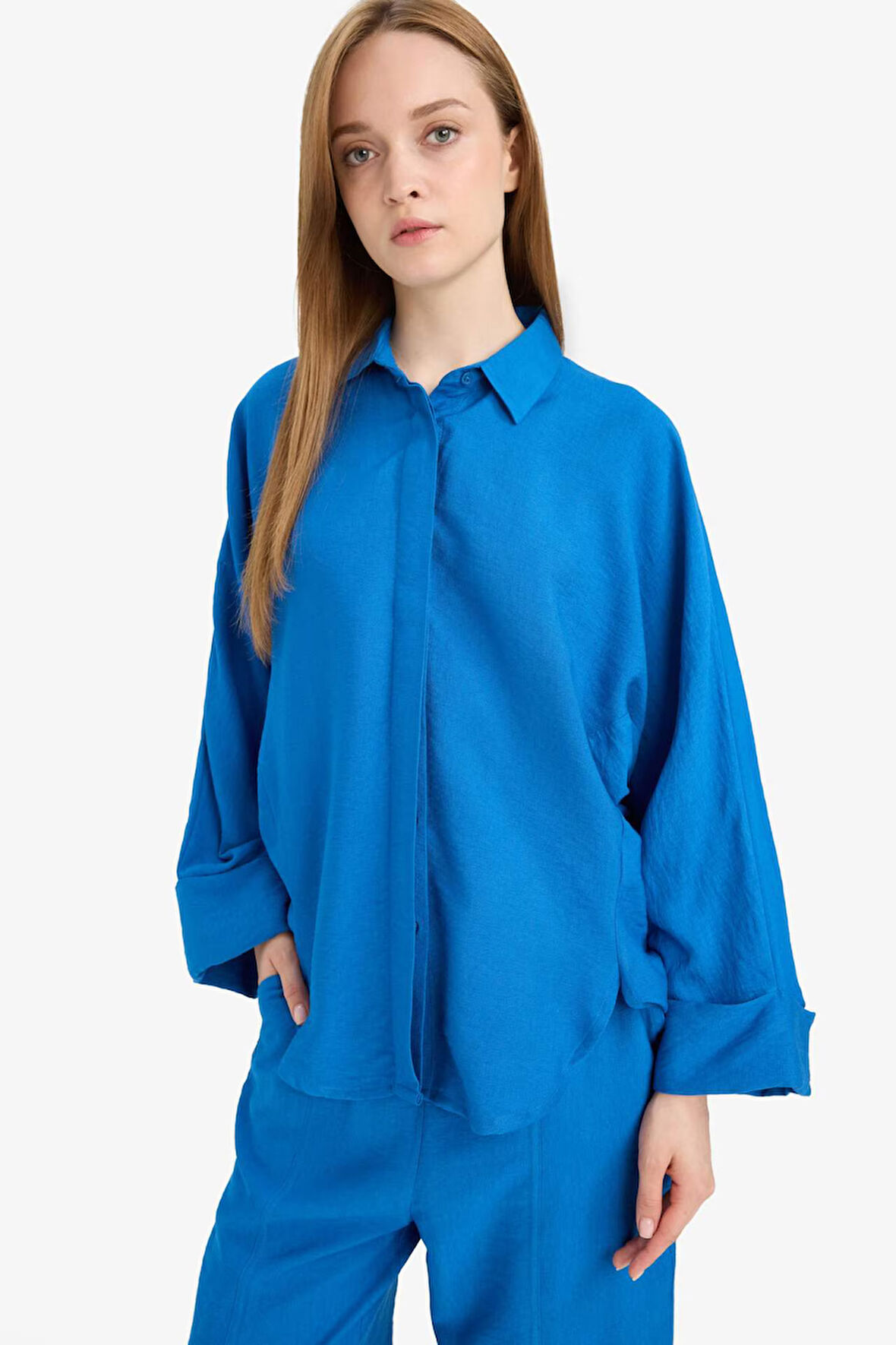 DeFacto Relax Fit Basic Düz Keten Karışımlı Uzun Kollu Tesettür Gömlek Tunik	 D9702AX25SMBE43