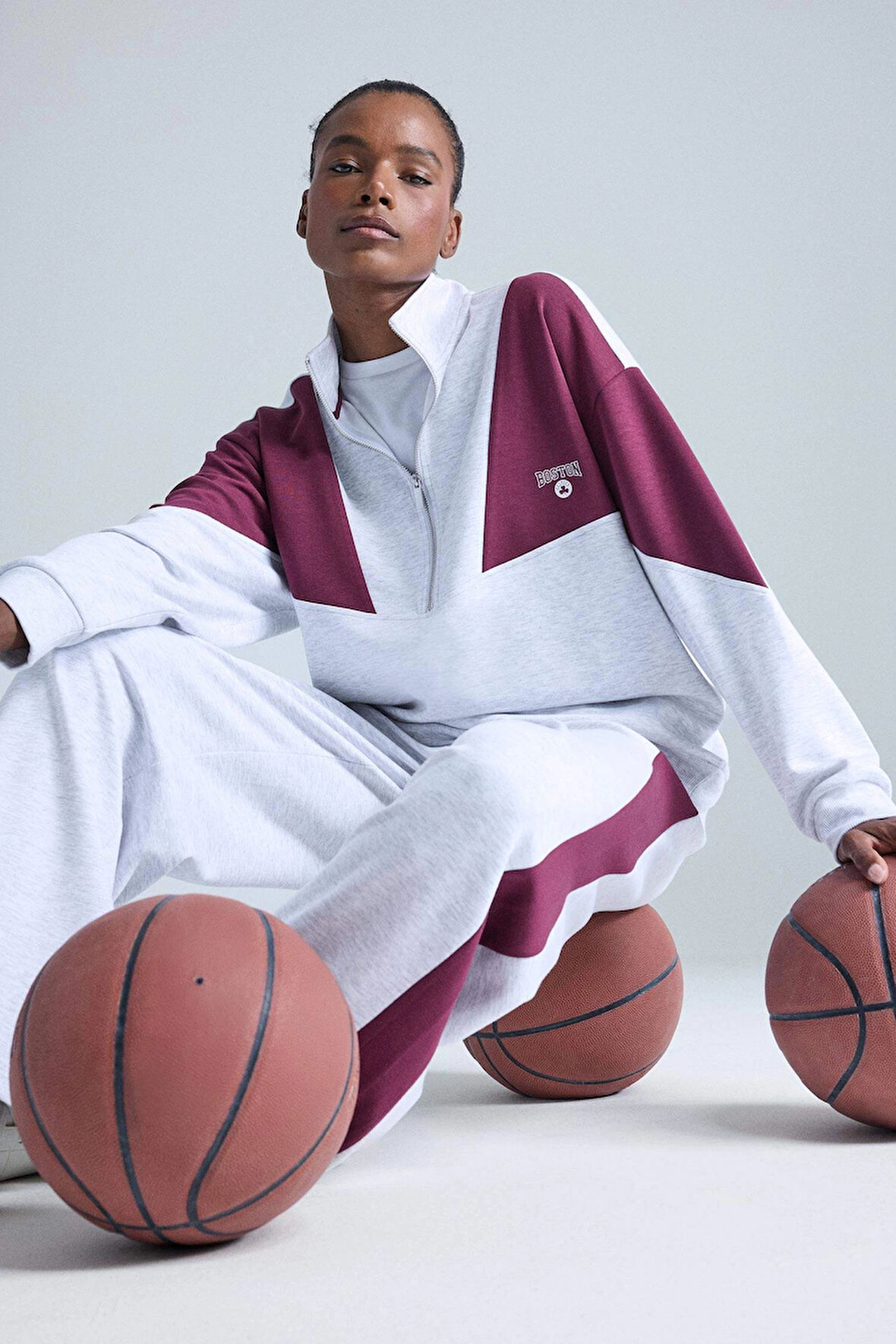 Defacto E8935 Gri DeFactoFit NBA Boston Celtics Oversize Geniş Kalıp Yarım Fermuarlı Skuba Dalgıç Kumaş Sporcu Sweatshirt